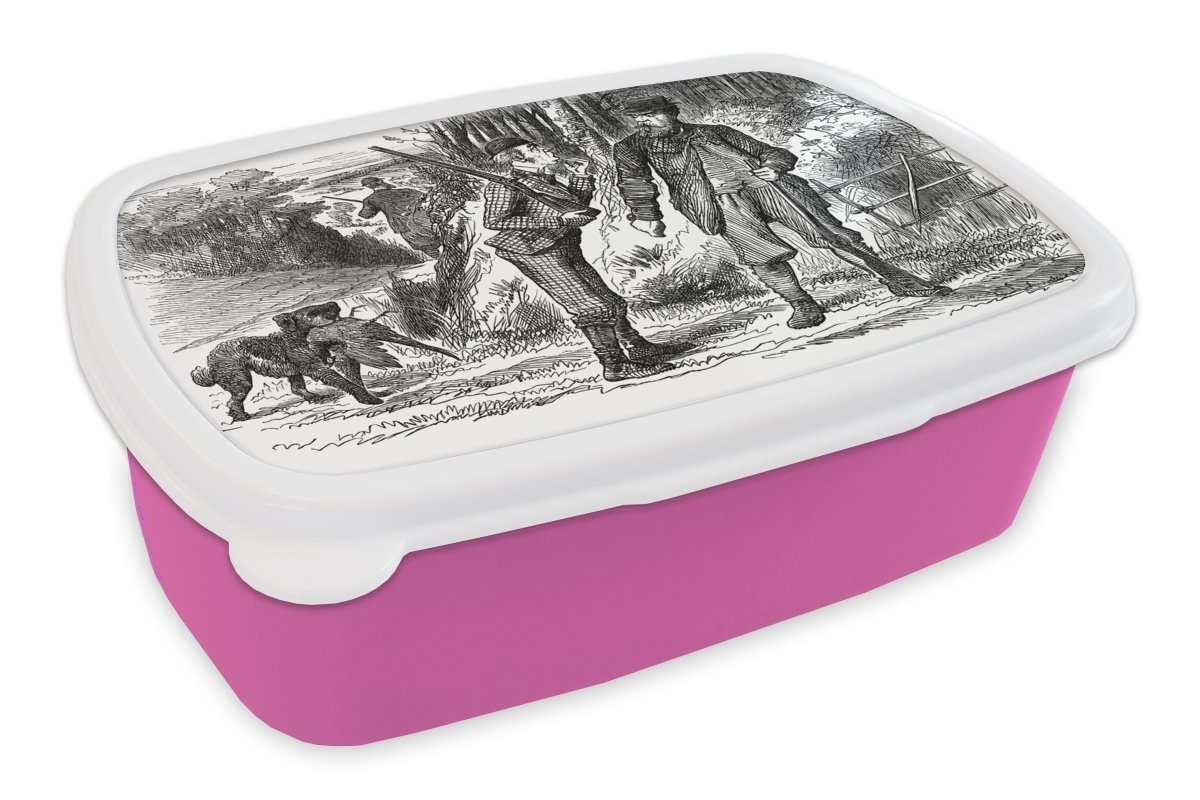 MuchoWow Lunchbox Eine Illustration von drei Jägern mit einem Jagdhund, Kunststoff, (2-tlg), Brotbox für Erwachsene, Brotdose Kinder, Snackbox, Mädchen, Kunststoff rosa