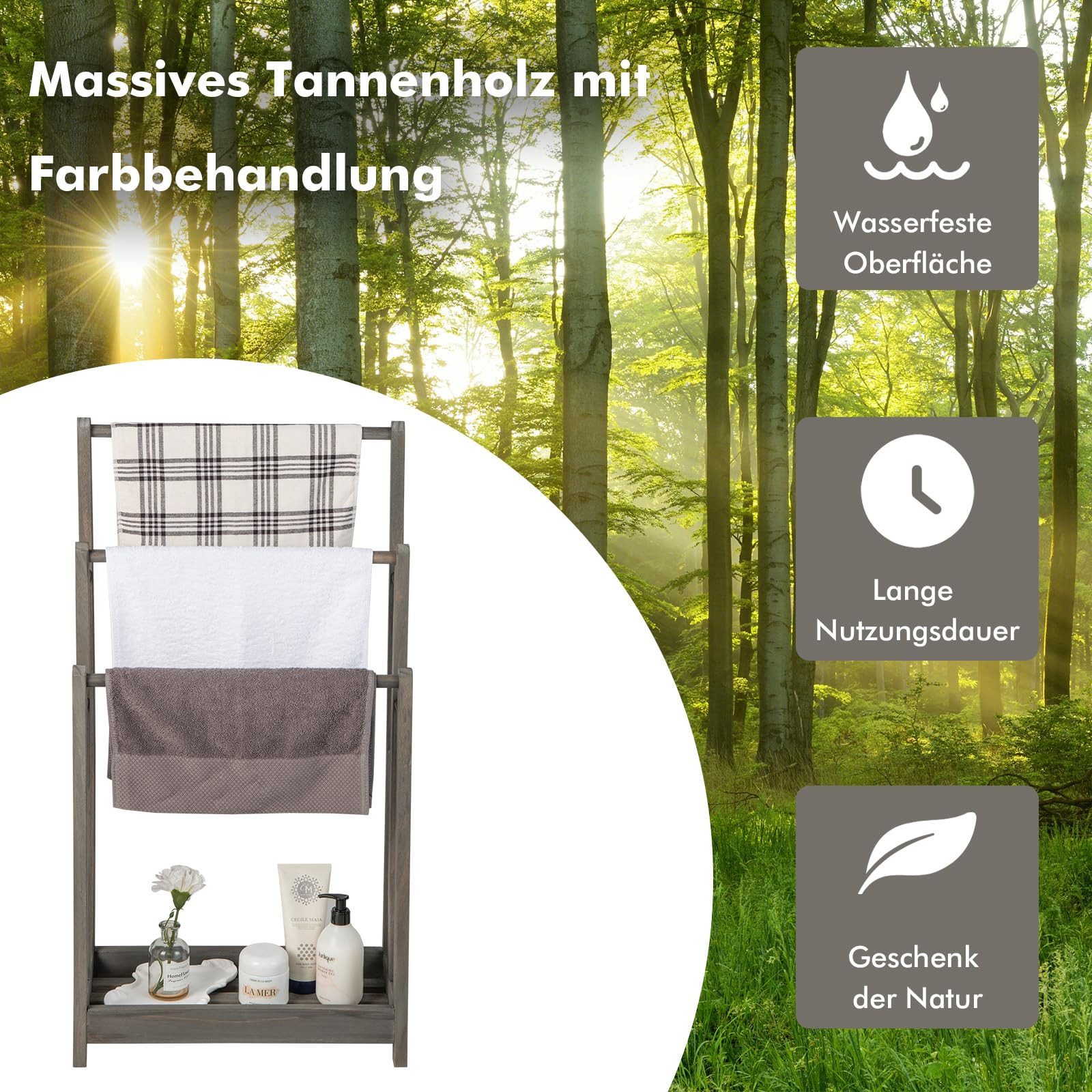 COSTWAY Handtuchständer, mit 3 Stangen & Ablagefach, Holz, 45x22x86 cm günstig online kaufen
