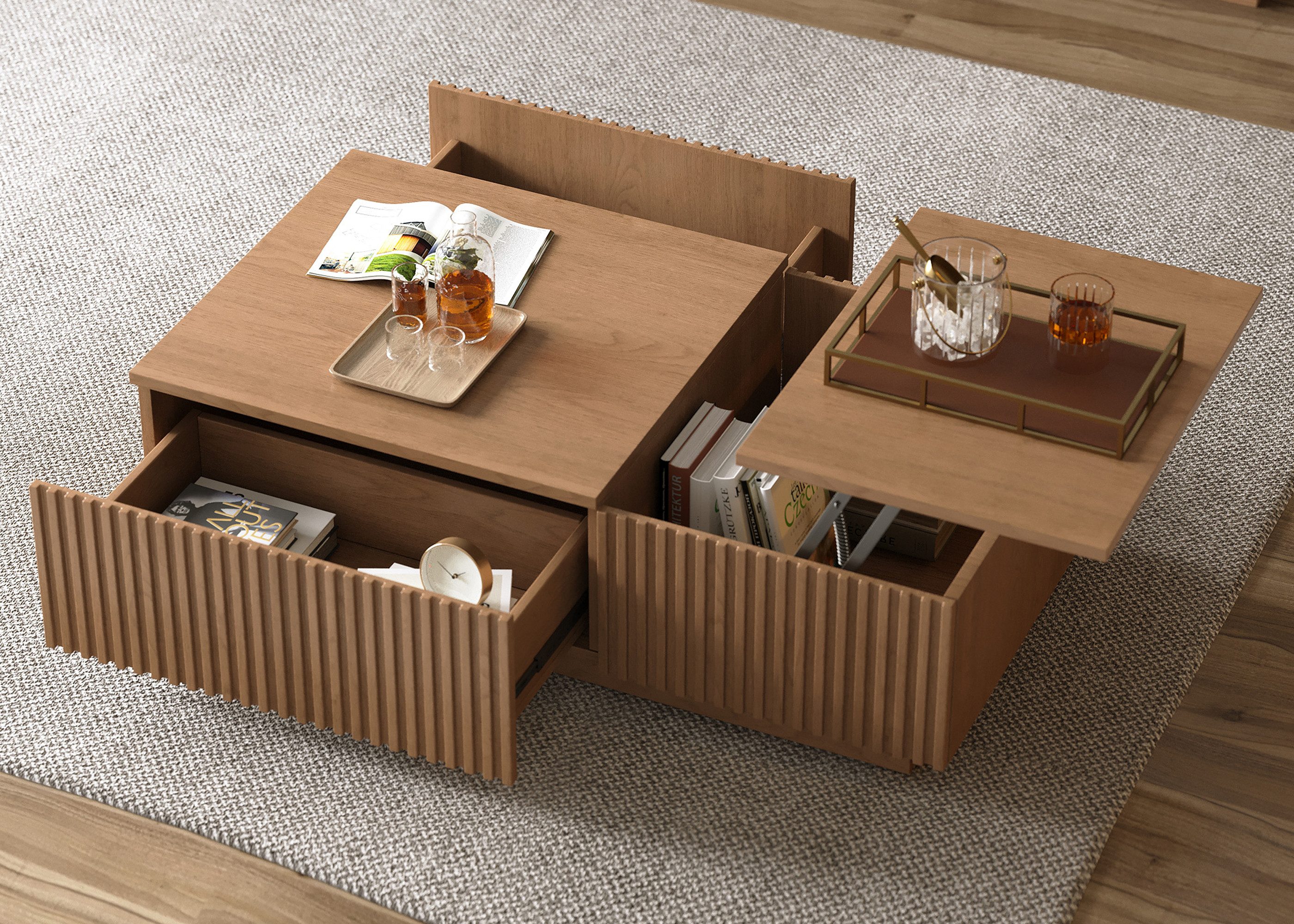 Couchtisch Höhenverstellbarer wohnzimmertisch Nussbaum, mit Stauraum & Schublade