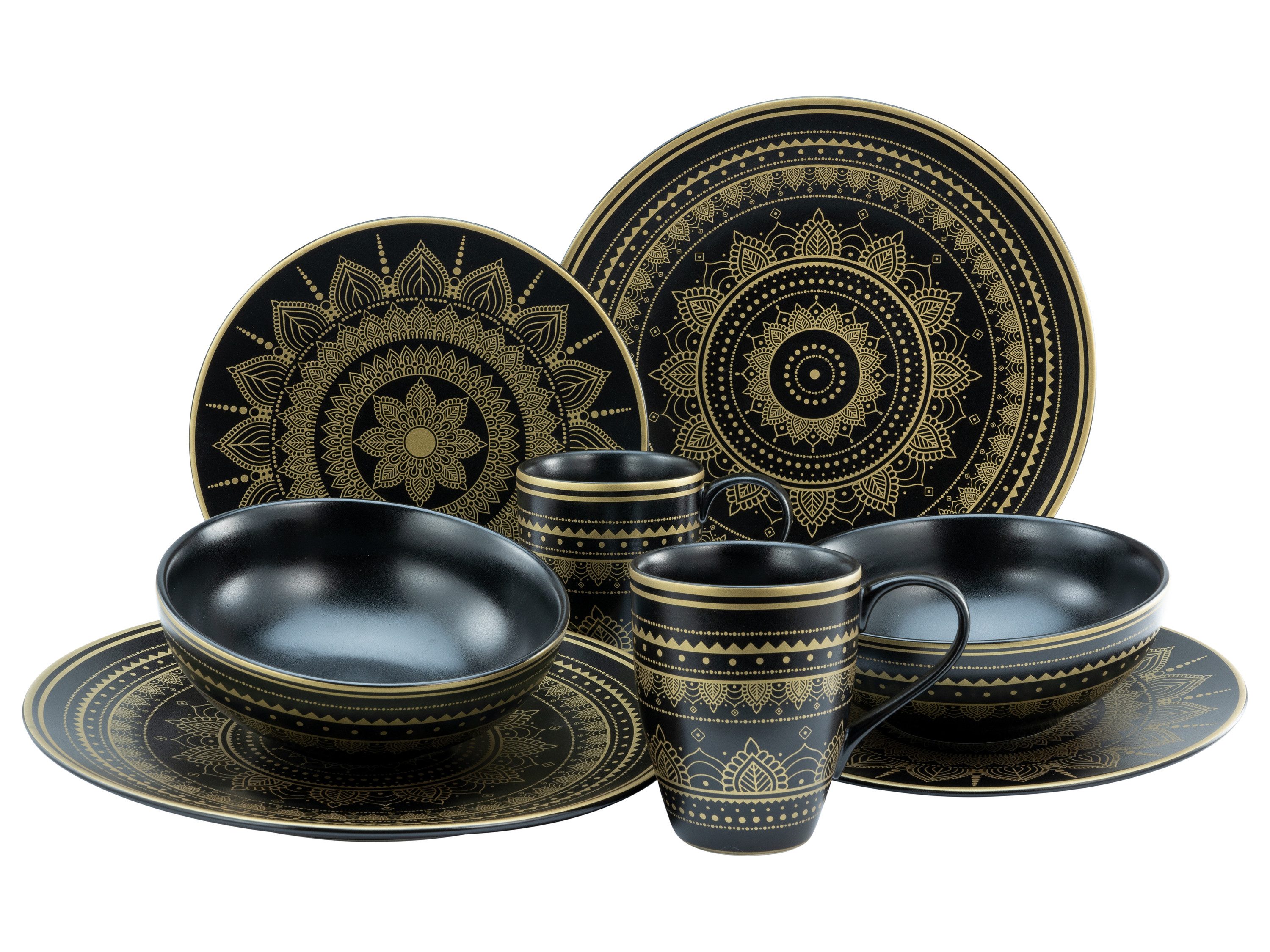 CreaTable Kombiservice Mandala Gold Gold-Schwarz (8-tlg), 2 Personen, Steinzeug