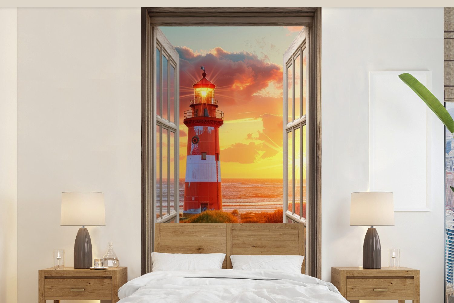 MuchoWow Fototapete Aussicht - Fenster - Leuchtturm - Sonnenuntergang - Strand, Matt, bedruckt, Vliestapete für Wohnzimmer Schlafzimmer Küche, Fototapete, 120x240 cm
