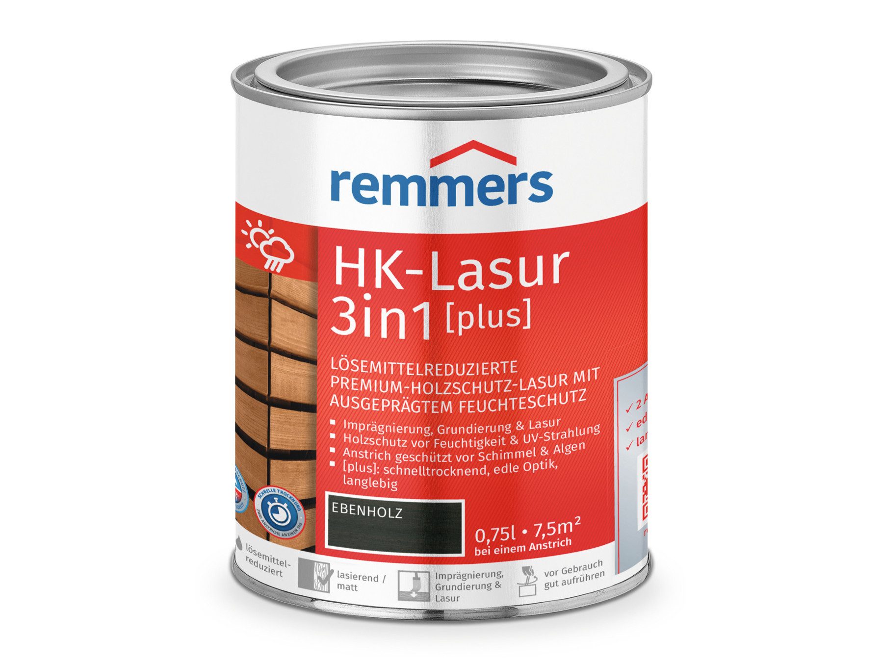 Remmers Holzschutzlasur HK-Lasur 3in1 [plus] ebenholz matt 0,75 Liter, 3fach Holzschutz mit Imprägnierung + Grundierung + Lasur