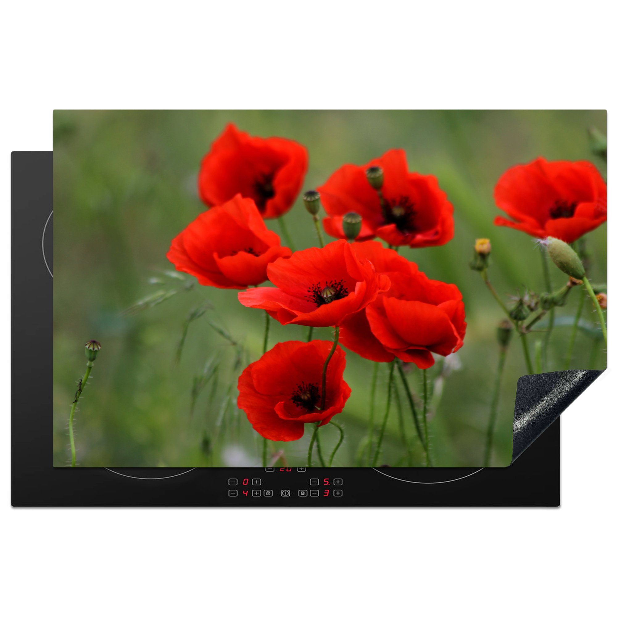 MuchoWow Herdblende-/Abdeckplatte Blumen - Mohn - Rot, Vinyl, (1 tlg), 81x52 cm, Induktionskochfeld Schutz für die küche, Ceranfeldabdeckung