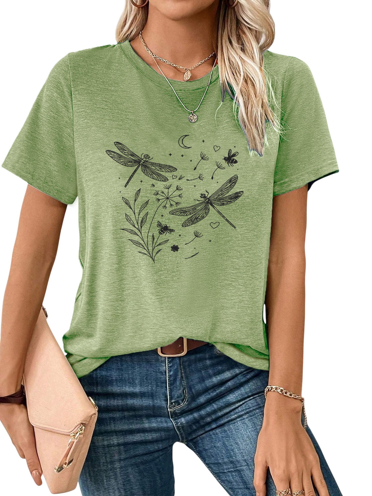 PYLIKE Rundhalsshirt Damen bequemes Sommer Kurzarmbluse Locker Libelle Print-Shirt Bequem für Freizeit und Büro,Strandurlaub