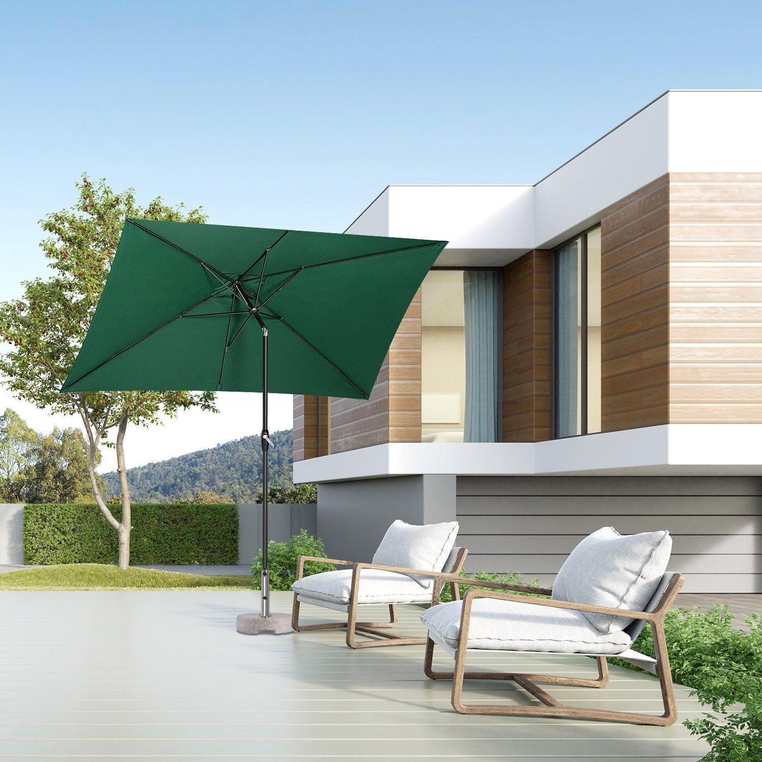 Sekey Sonnenschirm Rechteckig 3x2 m Sonnenschirm Aluminium Marktschirm mit Kurbel, Gartenschirm Groß, mit/ohne LED-Lichtern, 30° knickbar, für Garten