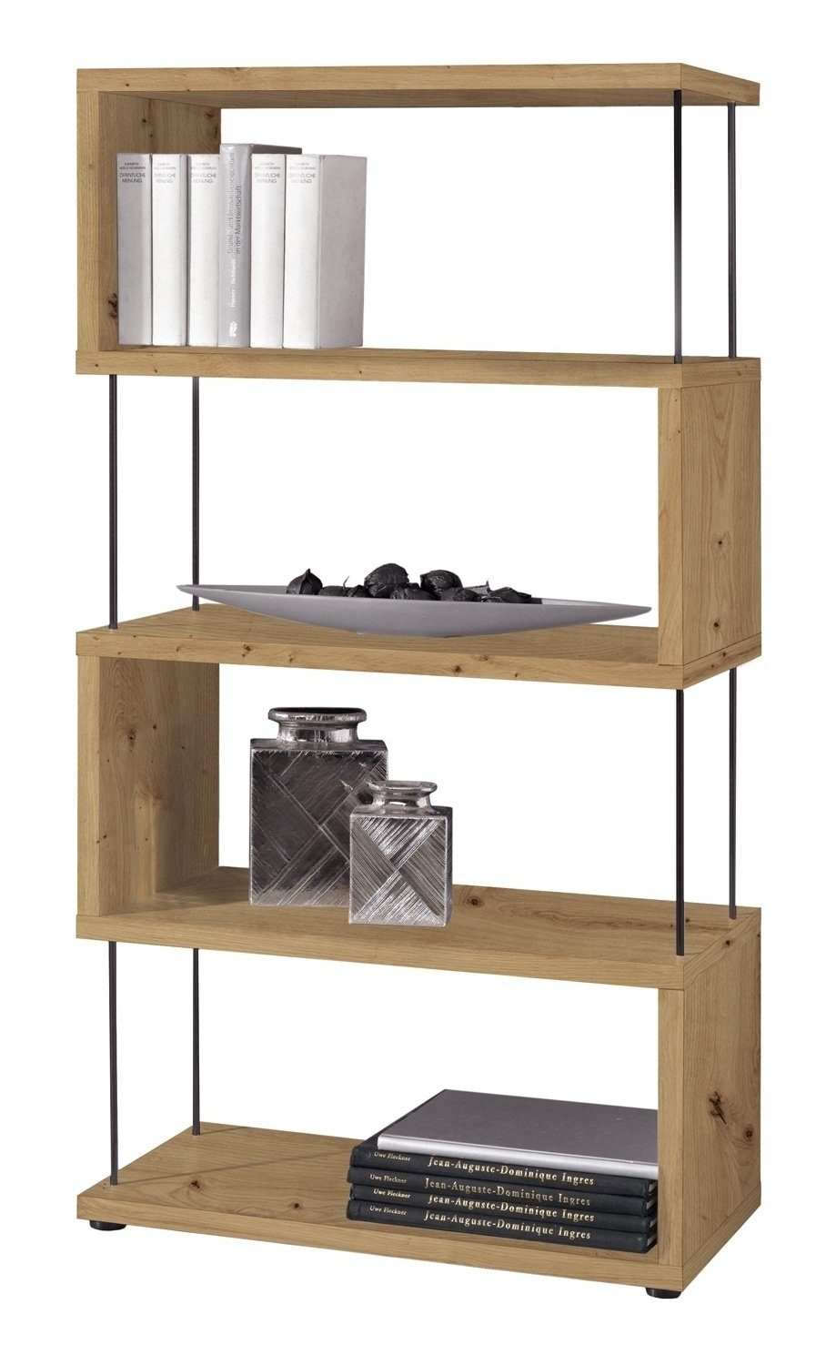 Mäusbacher Regal STICKS, Asteiche Dekor, Schwarz, Metallstäbe, mit 4 offenen Ablagefächern, Made in Germany