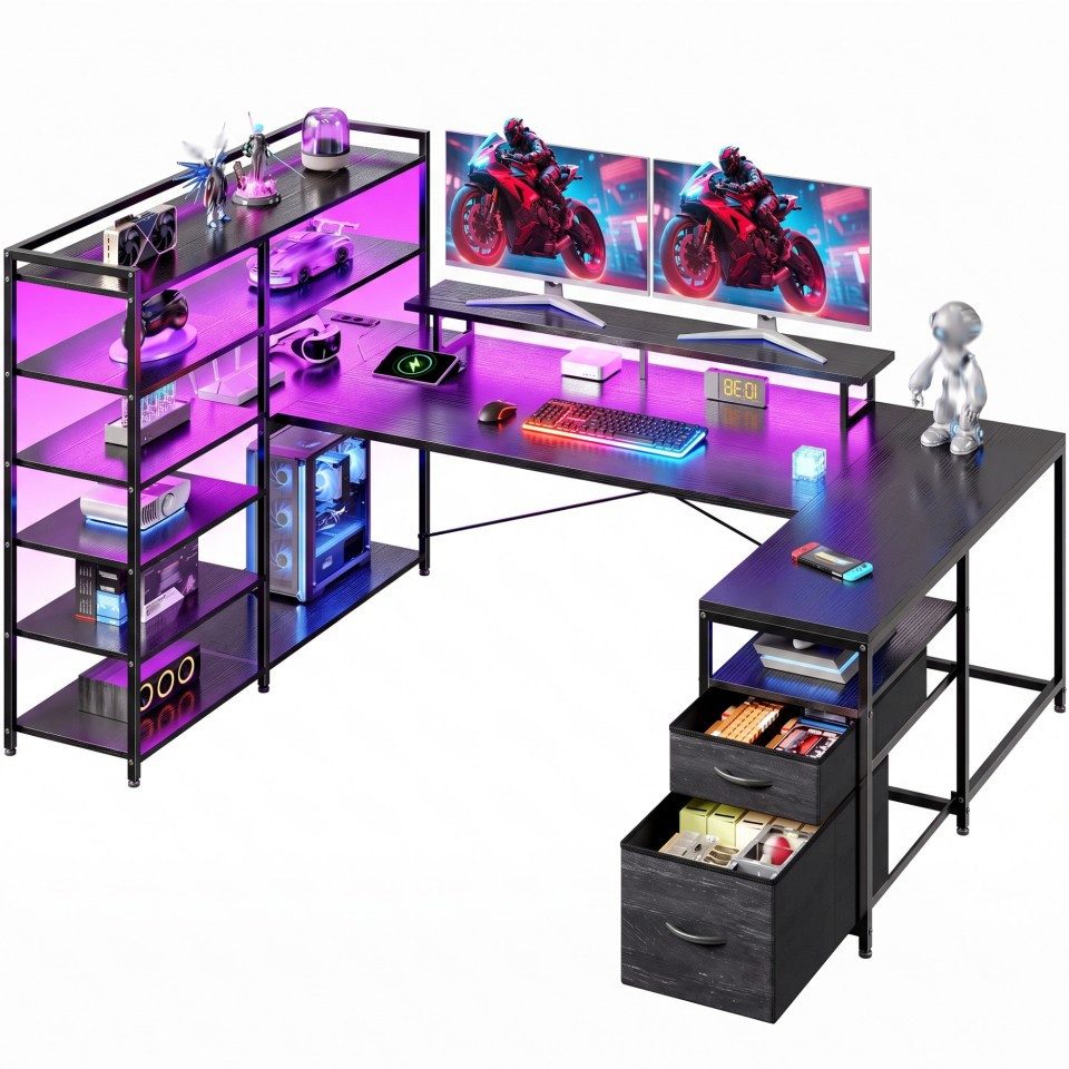 Klyvvo Eckschreibtisch 160 × 100 cm U Form Gaming Tisch mit LED für Gaming, Homeoffice (1-St., Umkehrbar Eckschreibtisch mit 2 Schubladen, 6 Bücherrega), Monitorhalterung, USB-Ladeanschluss und Steckdose, Schwarz