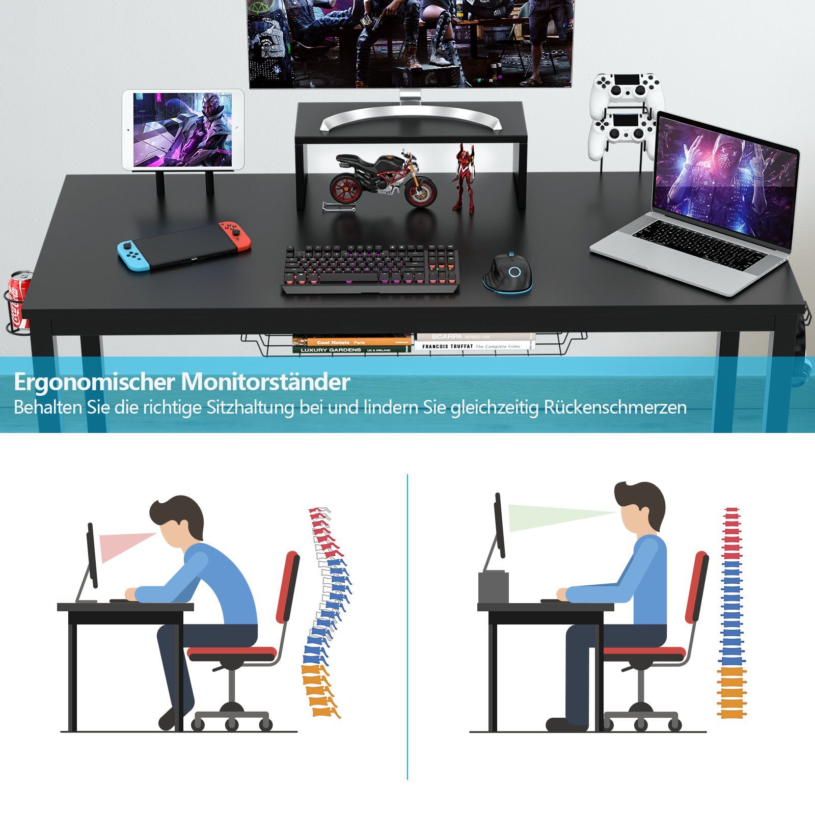 COSTWAY Gamingtisch, 140cm, mit Monitorablage & Aufbewahrungskorb günstig online kaufen