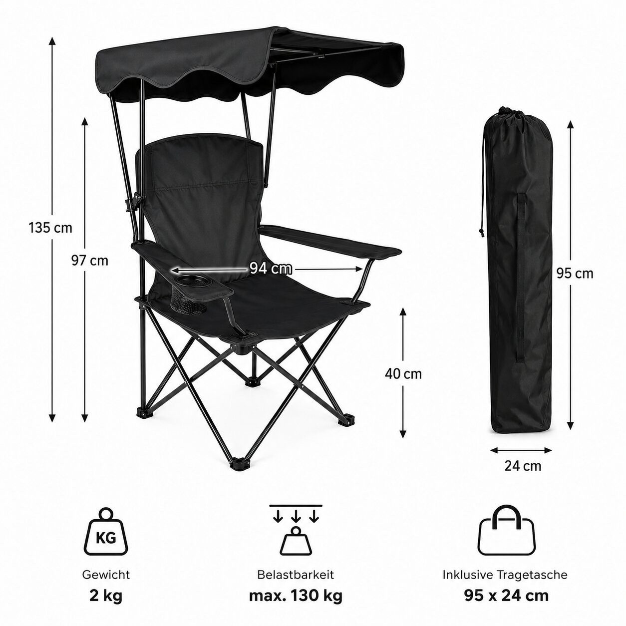 BigDean Faltstuhl Campingstuhl mit Sonnenschutz Schwarz Sonnendach Getränkehalter (Packung, 1 St), Integrierter Sonnenschutz, Faltbar, Tragetasche, Getränkehalter