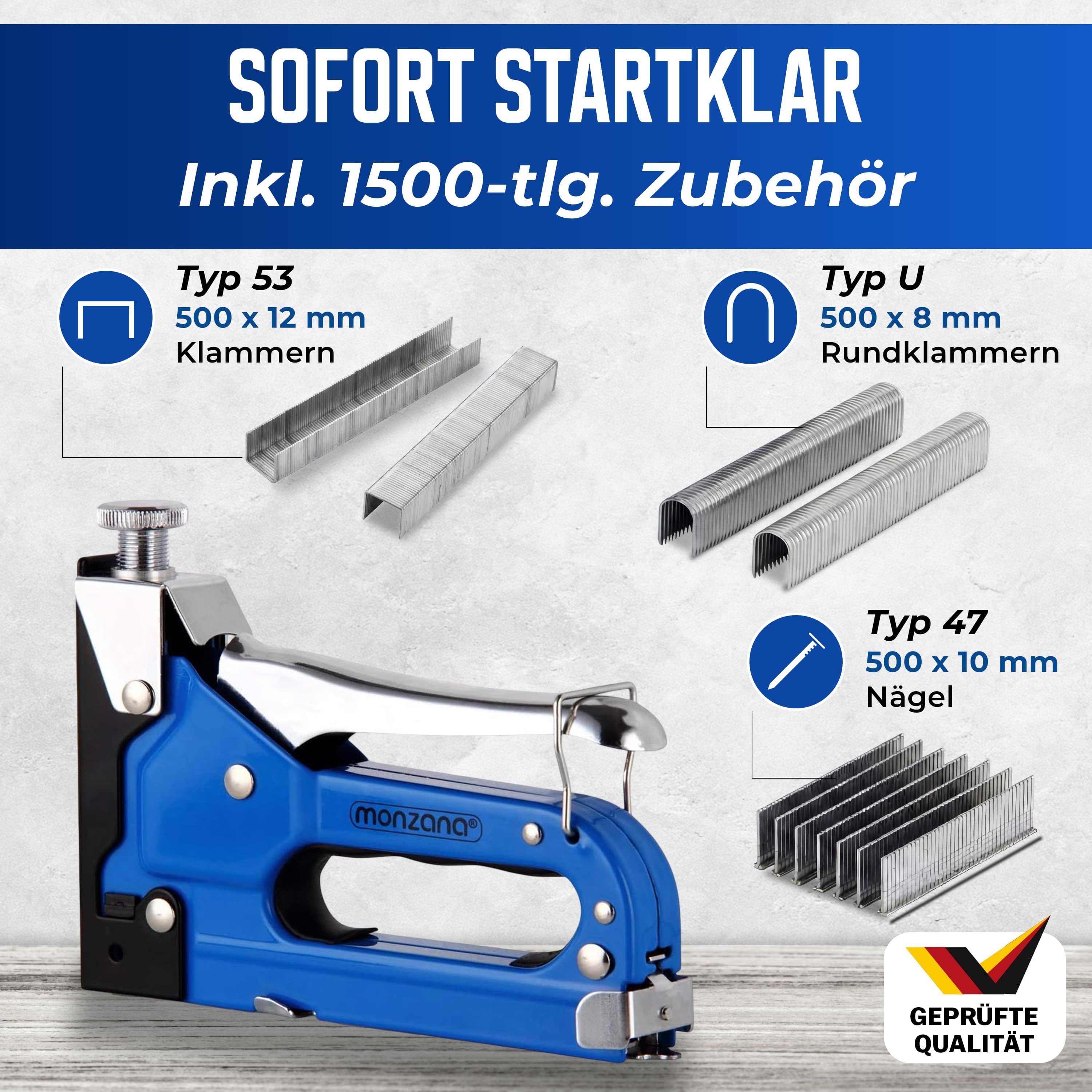 monzana Handtacker Monzana, 3in1 Tacker 1500 tlg Klammern & Nägel stufenlos einstellbare
