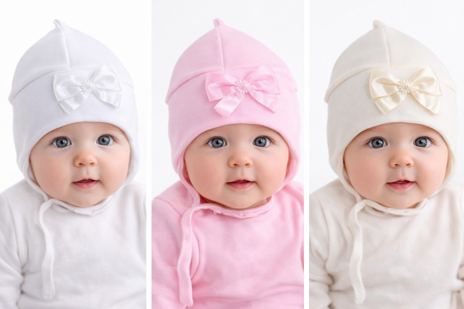 La Bortini Erstlingsmütze Baby Mützen 3er Pack creme weiß rosa für Neugeborene Mädchen (Spar-Set, Hauben für Neugeborene 3er Set) aus Baumwolle, 3 Stück Mützchen mit Schleifen