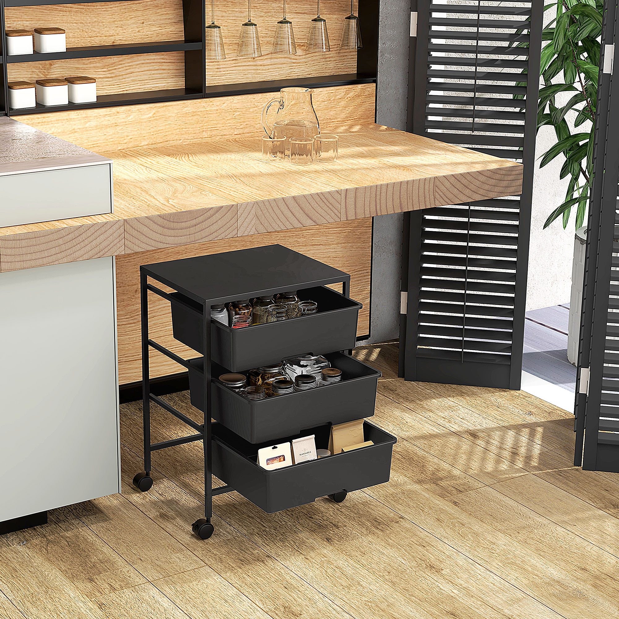 HOMCOM Servierwagen Küchenwagen mit Griff und Rollen Allzweckwagen mit 3 Körben, (Rollwagen, 1 St., Aufbewahrungswagen), für Küche, Wohnzimmer, 40,8 x 33,5 x 60,5 cm, Schwarz