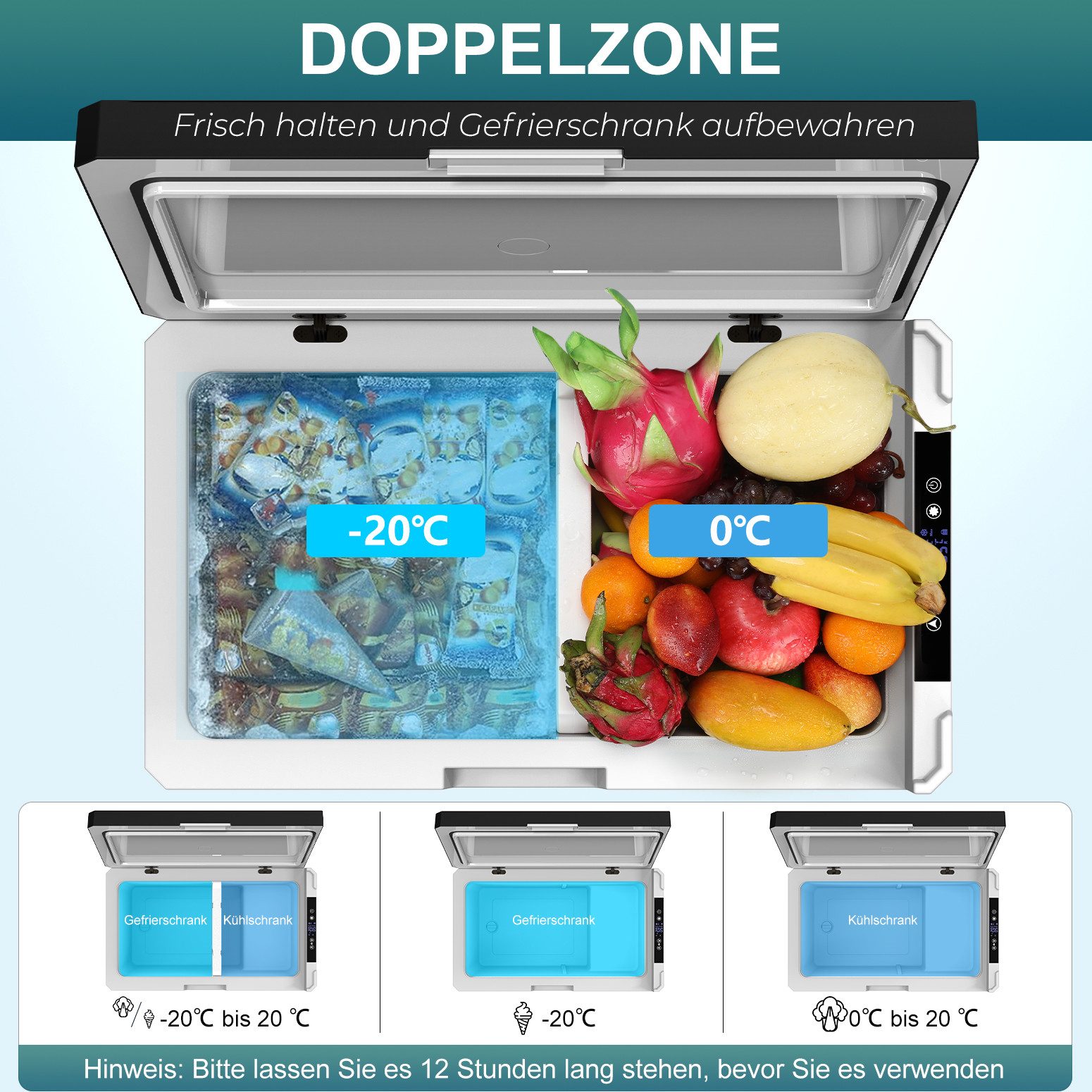 oyajia Elektrische Kühlbox 2in1 Doppelzone Kühl & Gefrierfach Kompressor Kühlbox, 12V/24V & 240V, 50 l, elektrische Gefrierbox mit LED-Touch-Bedienung, für Camping, Auto, Lkw
