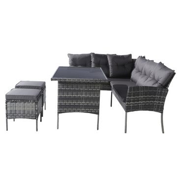 MODFU Gartenlounge-Set 7-Sitzer L-förmiges Gartenmöbel, (Polyrattan Sitzgruppe Essgruppe), für 7 Personen, mit Sofa, Tisch, Hocker & Kissen