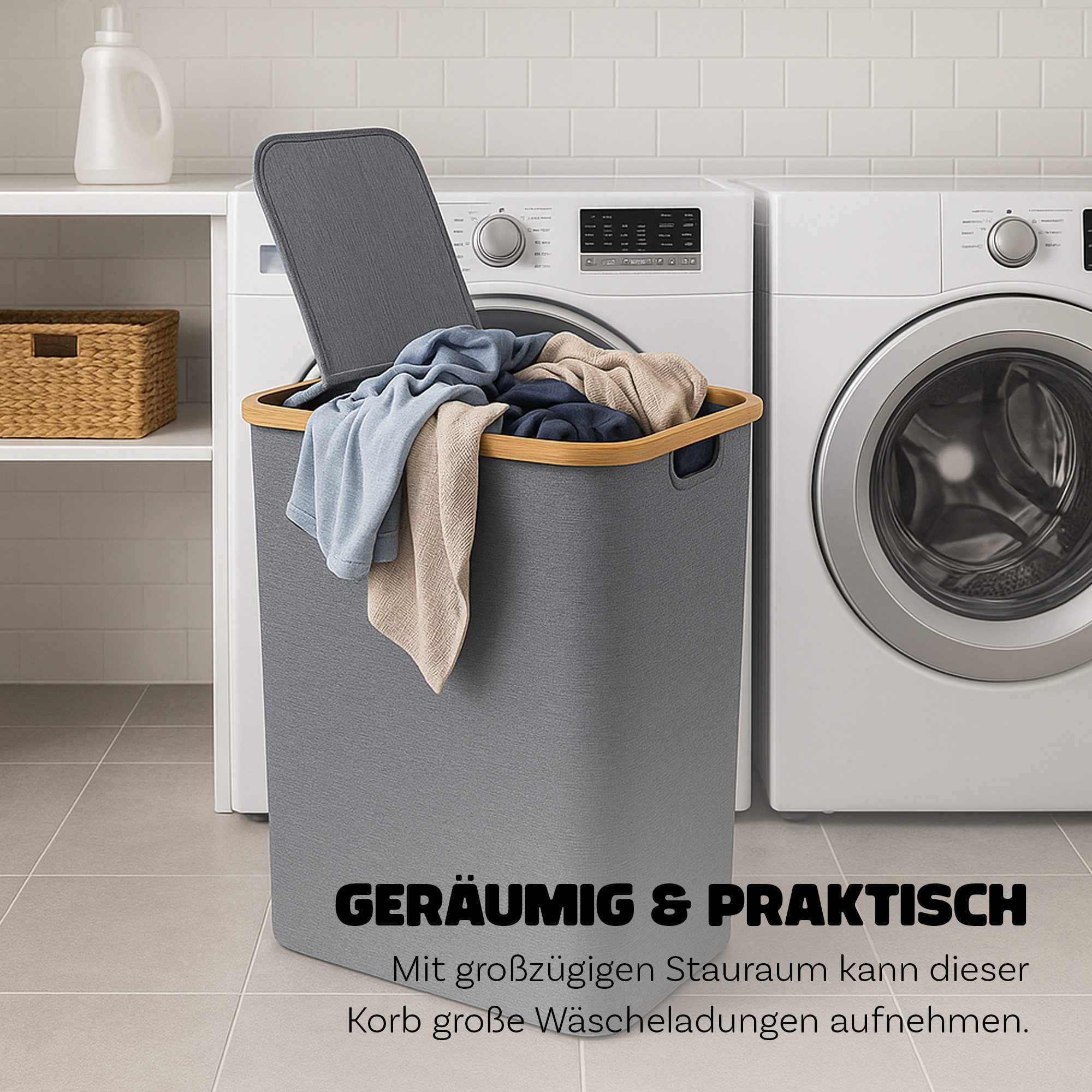 Bestlivings Wäschekorb mit Bambusrahmen inkl. 2 Fächern 54x34x65 cm, 120L, 2-geteilter Deckel, Bezug: 100% Polyester, atmungsaktiv