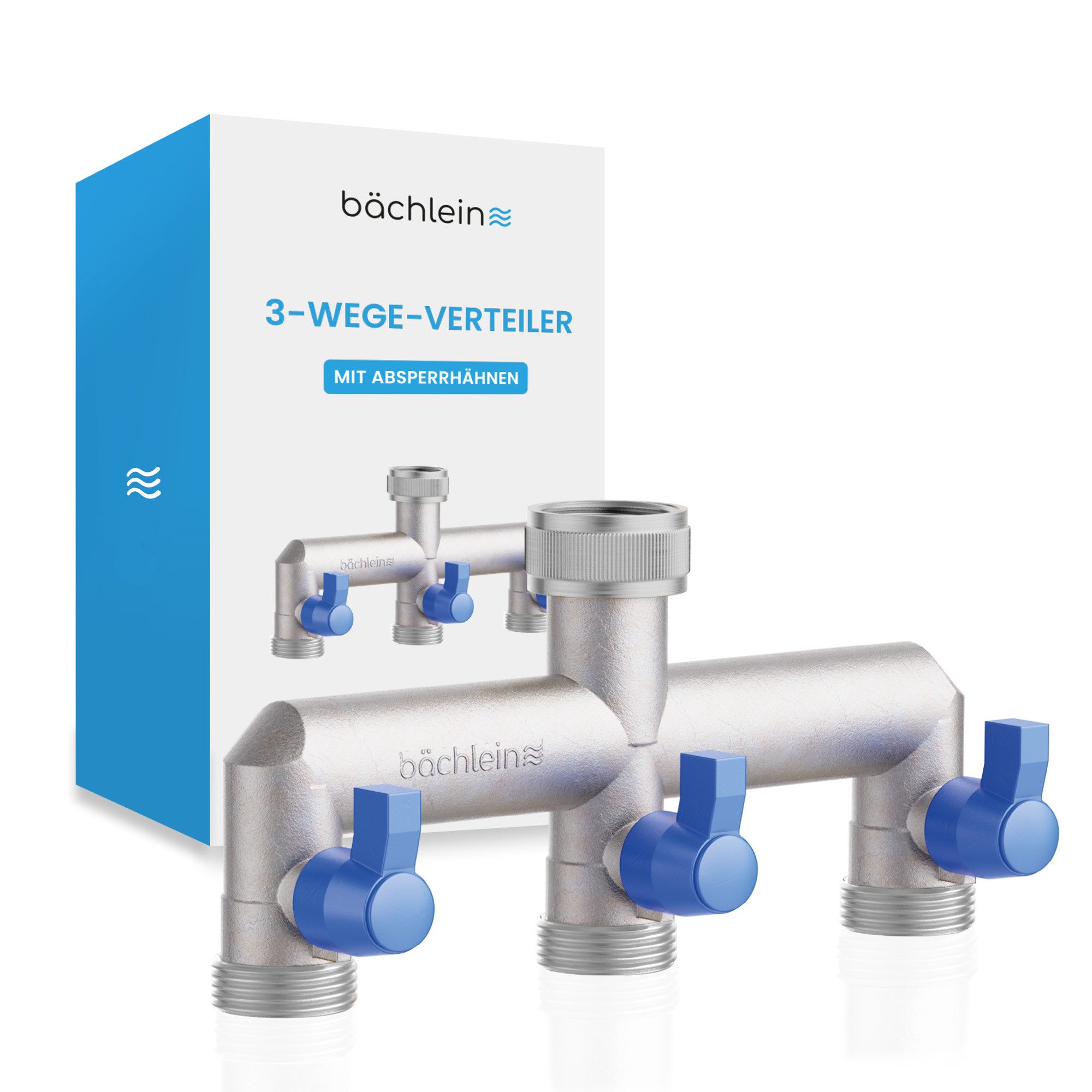 Bächlein 3-Wege Verteiler Bächlein Y-Verteiler mit Absperrhähnen - G 3/4" Wasserverteiler, deal für Gartenschlauch, Waschmaschine, Wassertank und mehr