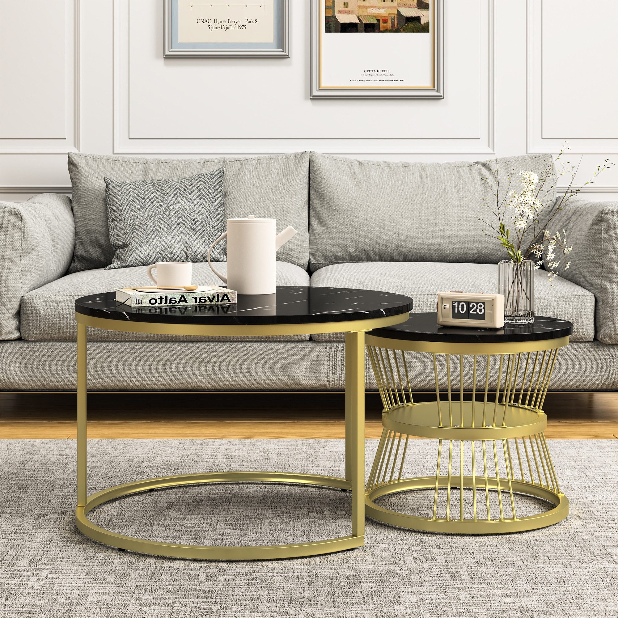 Furnishings Home Couchtisch 2er-Set runde Beistelltische aus Holz & Metall (2-St), Moderne Kaffeetische für Wohnzimmer Schlafzimmer