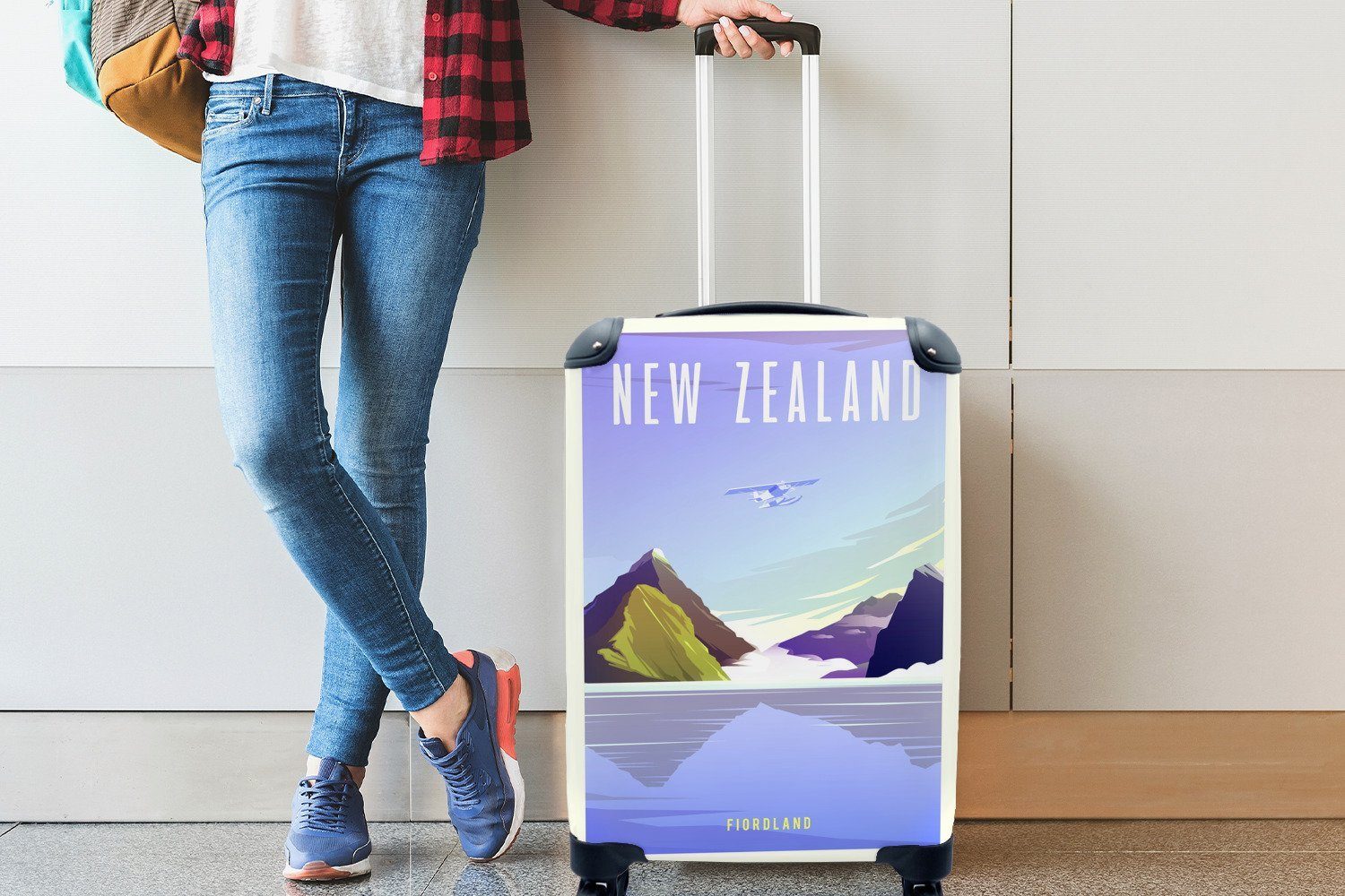 MuchoWow Handgepäckkoffer Illustration für Neuseeland, mit des Rollen, 4 rollen, Reisetasche Trolley, Handgepäck Fiordlandgebiets Reisekoffer Ferien, in