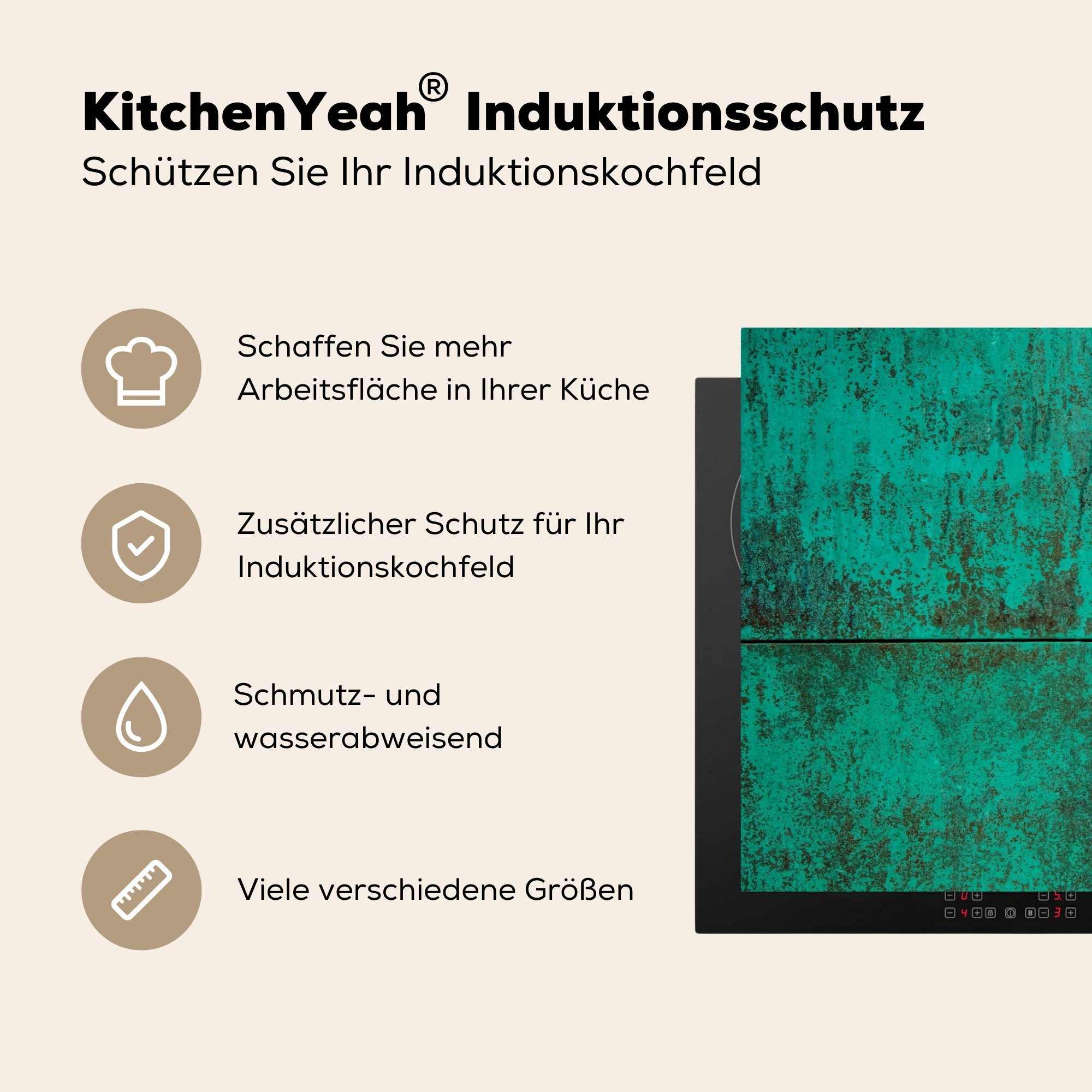 Herdblende-/Abdeckplatte küche, für Induktionskochfeld cm, Grüne Vinyl, MuchoWow die Patina Ceranfeldabdeckung Hintergrund, kupferfarbenem auf (1 tlg), 81x52 Schutz