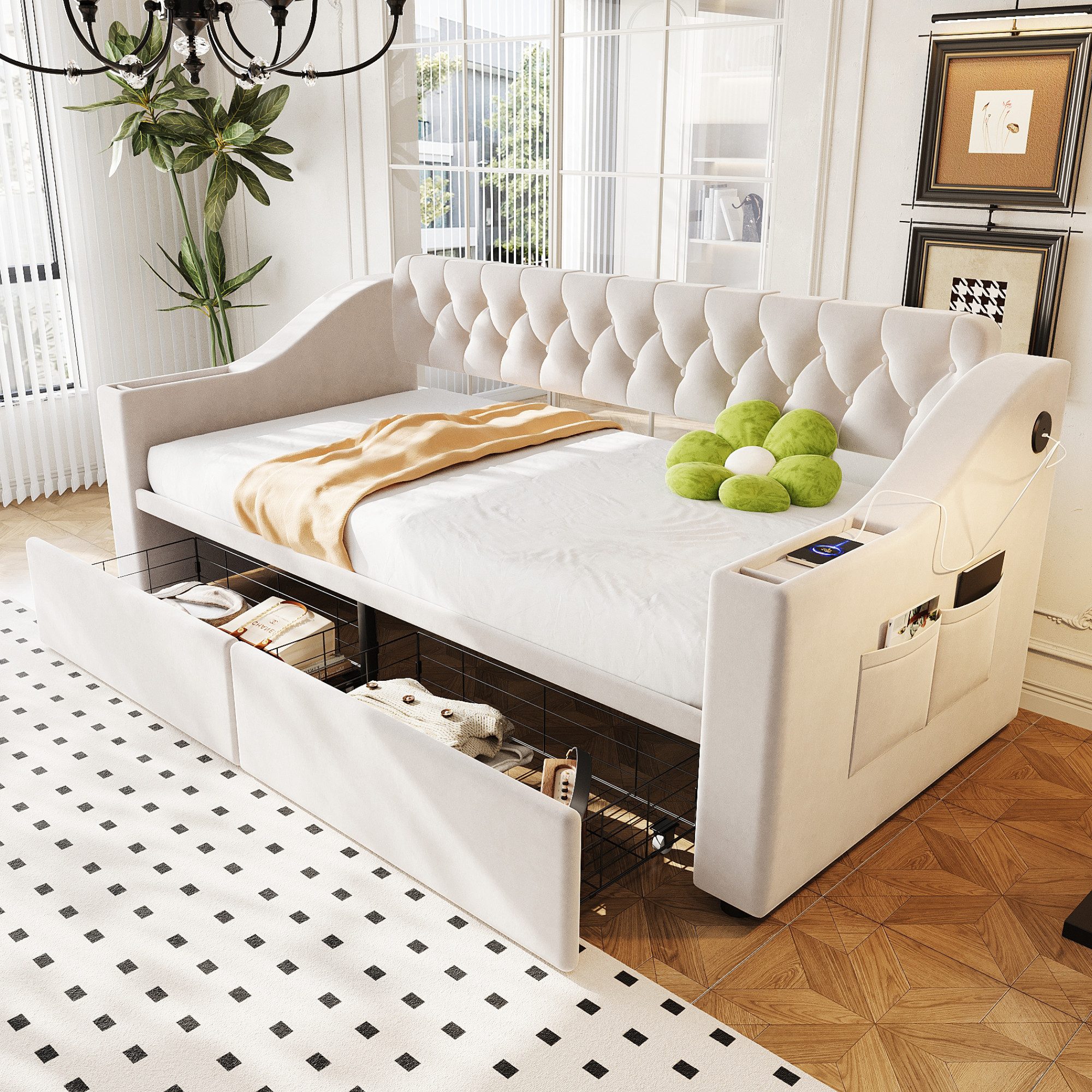 Merax Daybett 90x190cm mit USB-Ladeanschluss und Metallrahmen (Sofabett Jugendbett Einzelbett Tagesbett aus Samt, 1 tlg), Polsterbett Schlafsofa mit Seitentaschen Schubladen Ablagen & Stauraum