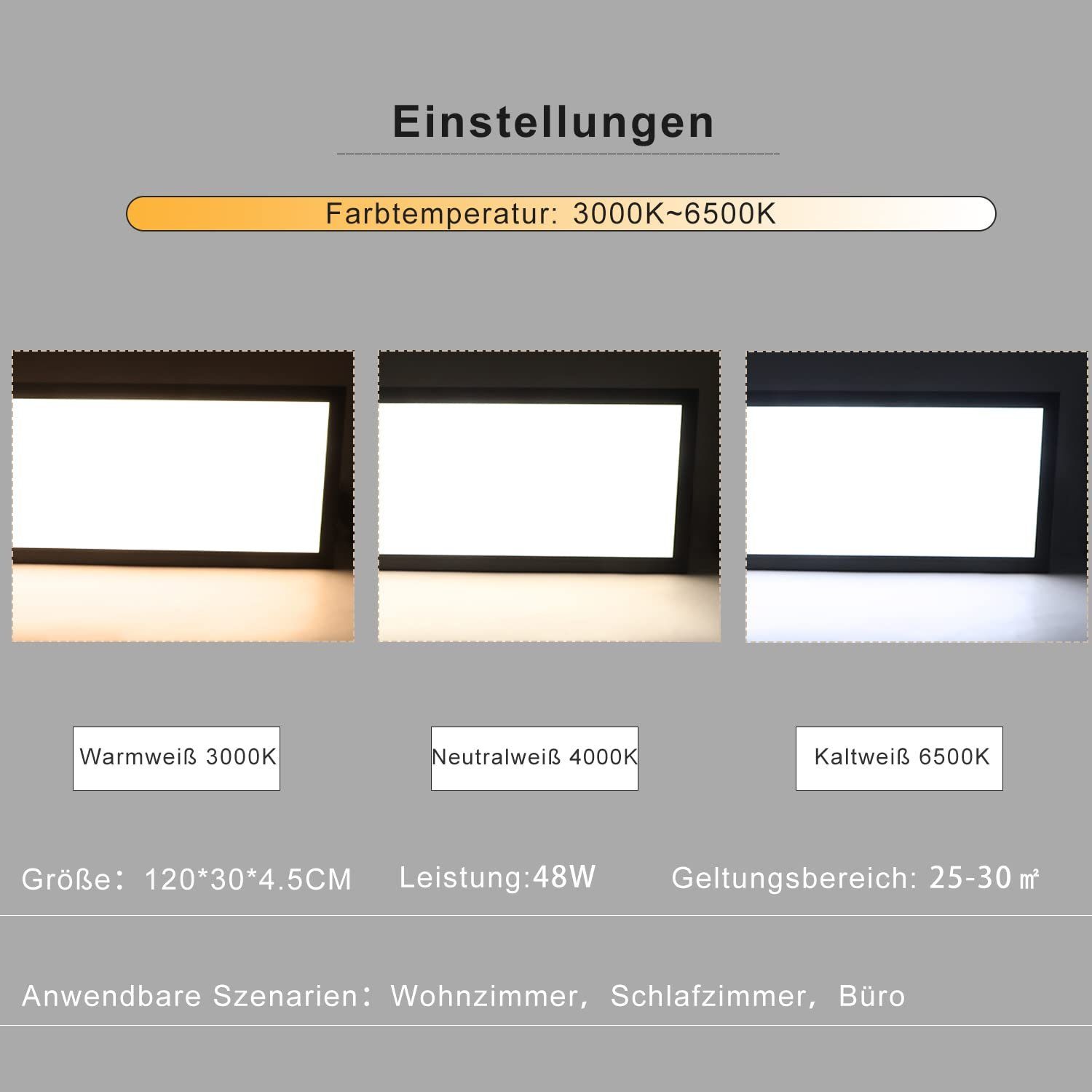ZMH LED Panel Wohnzimmer 120cm Dimmbar Deckenlampe mit Fernbedienung, Dimmbar, LED fest integriert, warmweiß-kaltweiß, 120x30 cm Deckenpanel Wohnzimmerlampe 3840lm, 48W Schwarz