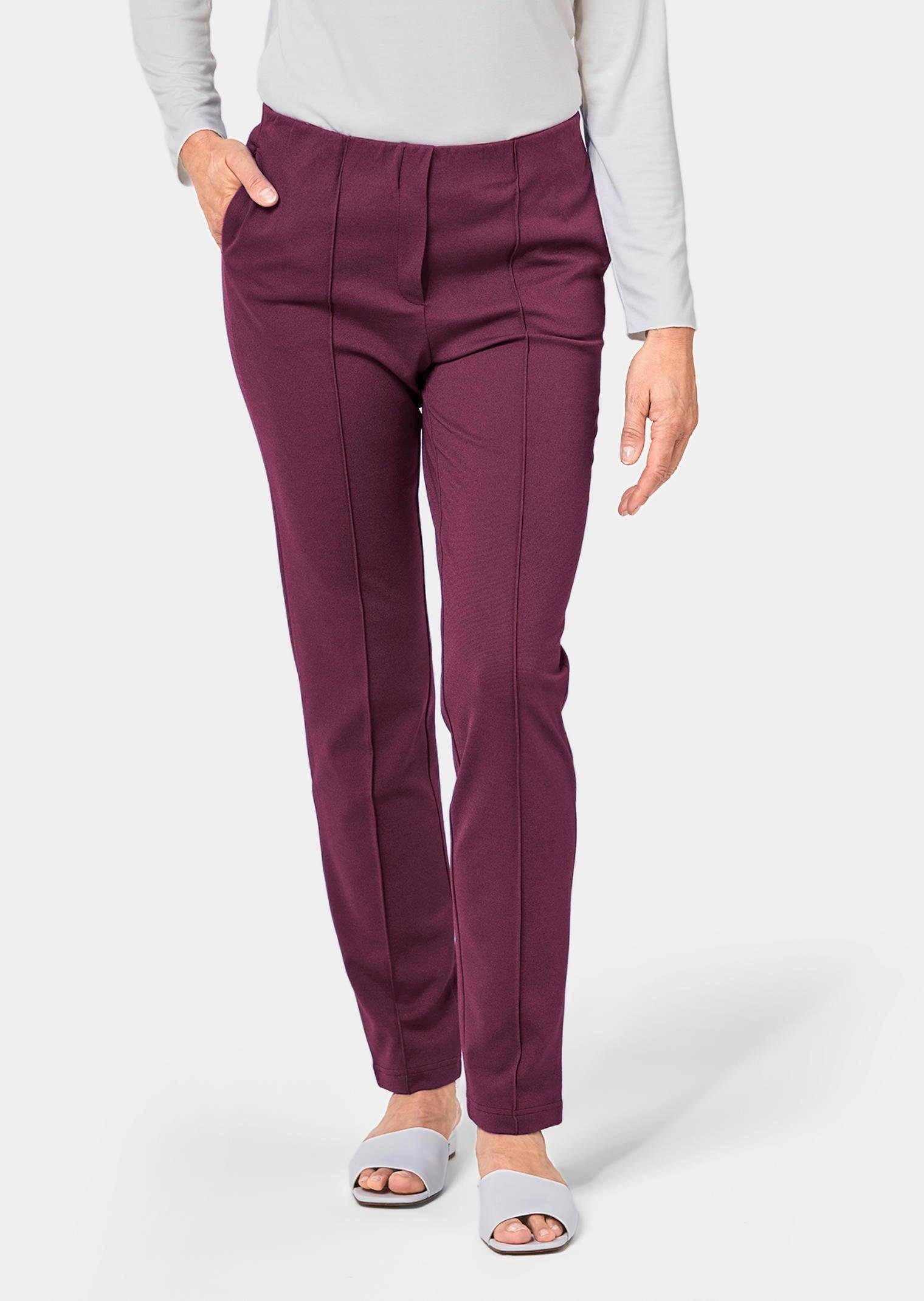 GOLDNER Schlupfhose Moderne Hose LOUISA mit streckenden Biesen aubergine