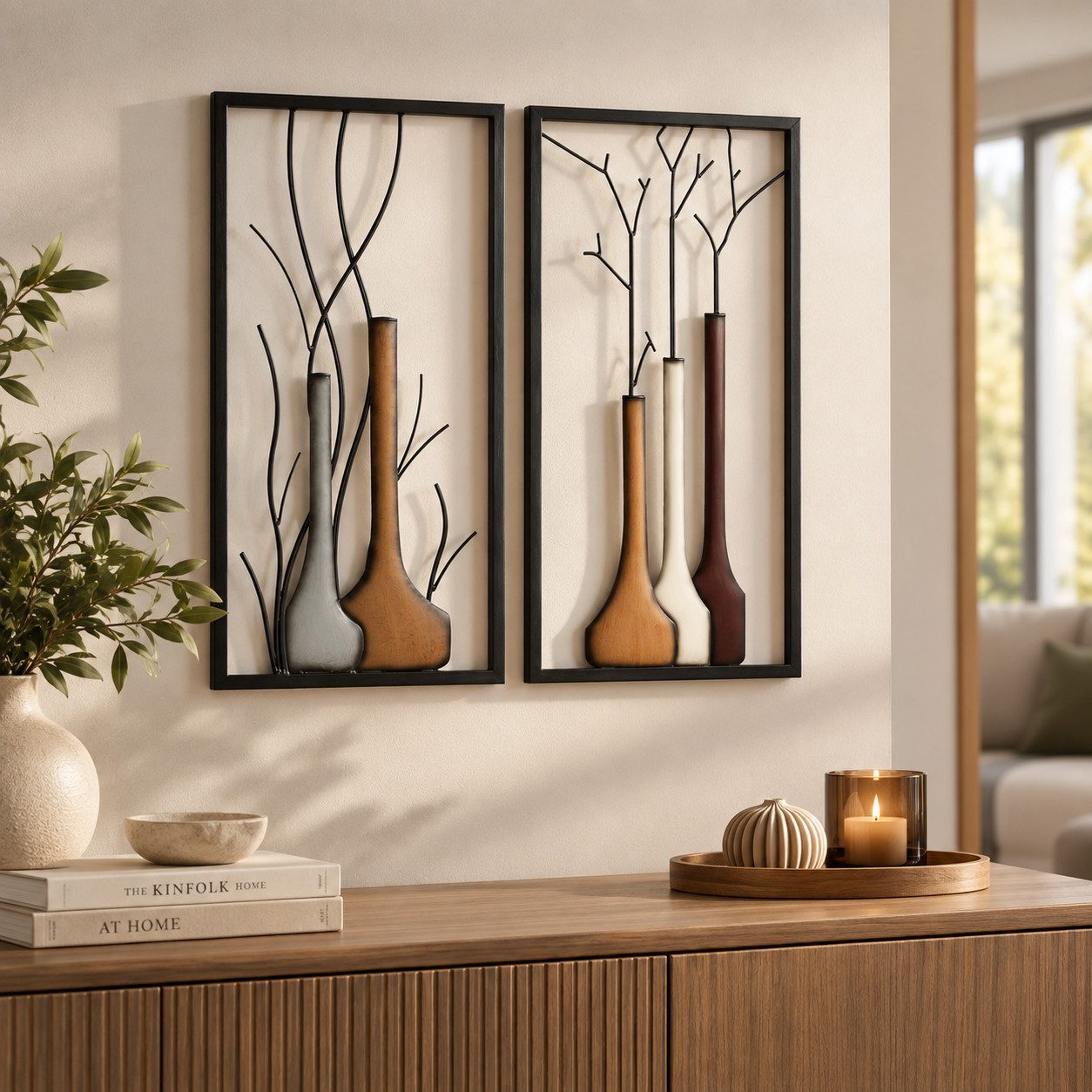 GILDE Wanddekoobjekt Wandbild Set Vase Herbst Winter MF Premium Edition 2 Teilig Metall (2 St)