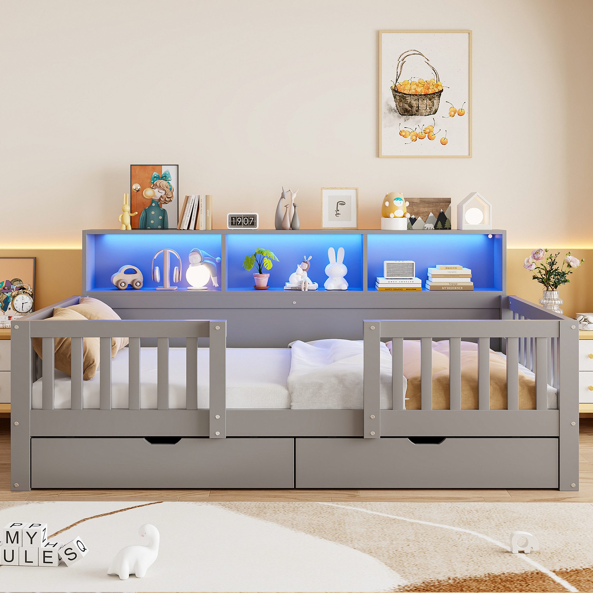 OKWISH Kinderbett Funktionsbett Holzbett (mit Stauraumschubladen und Ablageflächen), Stauraumbett, ohne Matratze