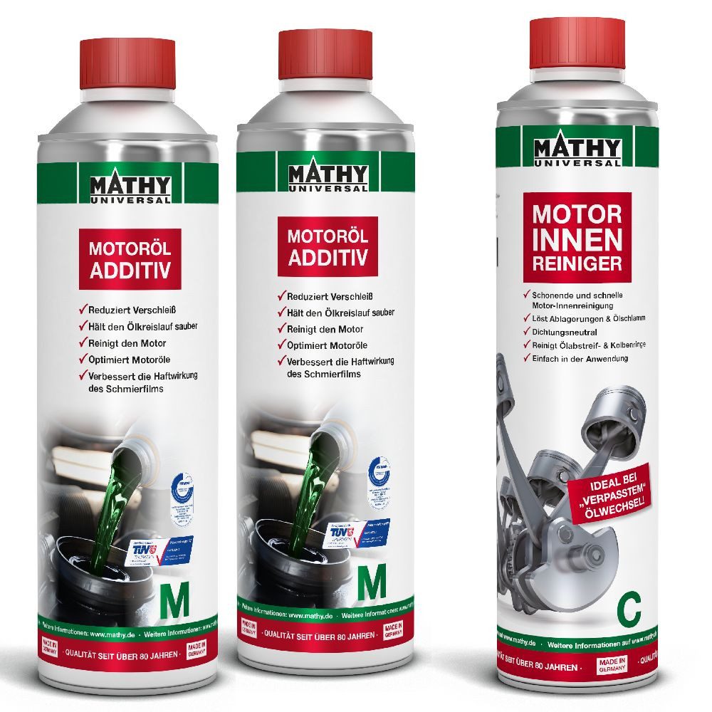 MATHY Öl-Additiv MATHY Motor-Reinigungs-Set Plus, 1.4 l, (Spar-Set, 3-St., 2 x MATHY-M + 1 x MATHY-C) Plus Version: Motor-Innenreinigung + langfristiger Verschleißschutz