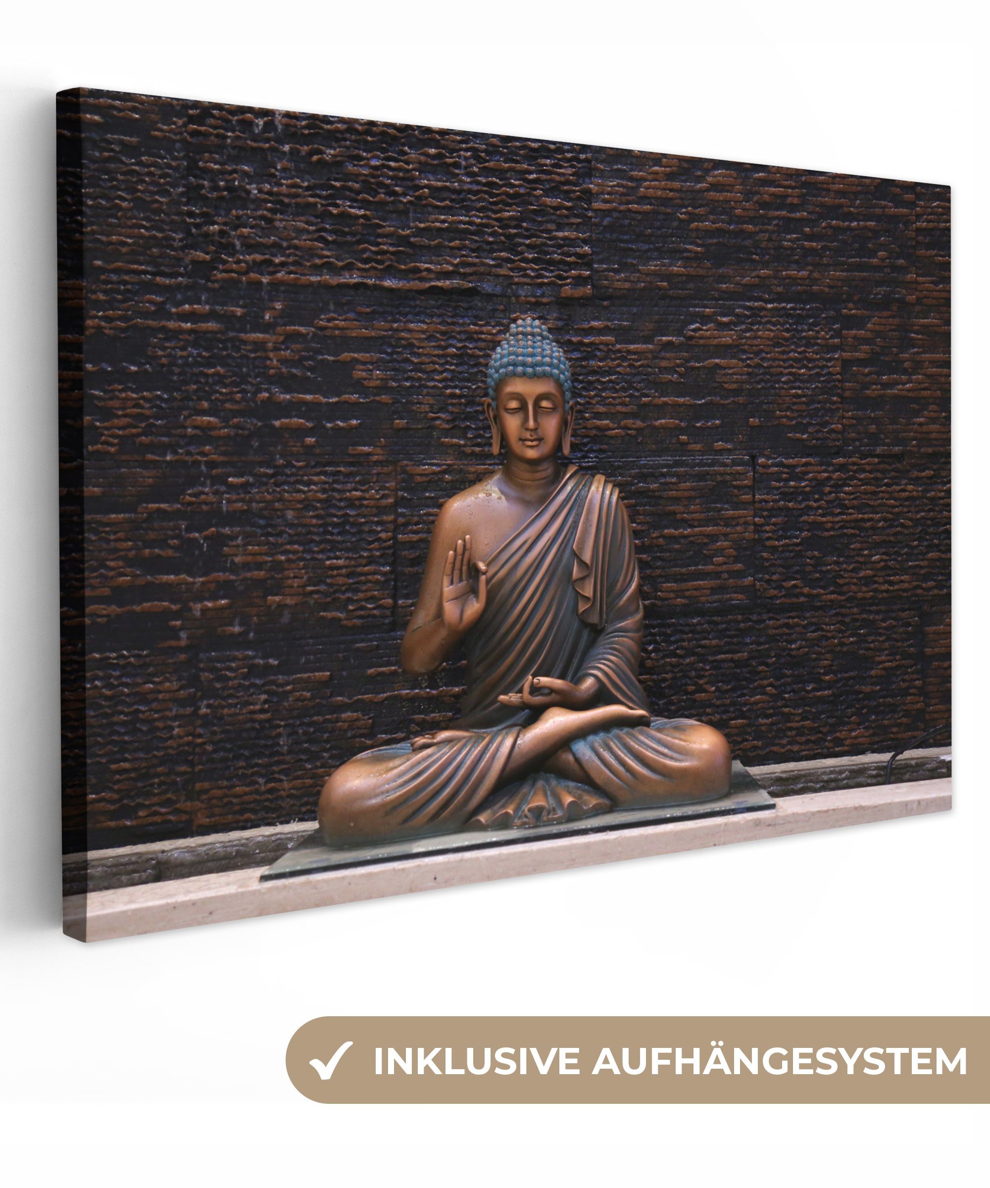 OneMillionCanvasses® Leinwandbild Buddha - Buddha-Statue - Braun - Spirituell - Meditation, (1 St), Wandbild für alle Wohnbereiche, Gemälde, XXL, großes, 120x80 cm