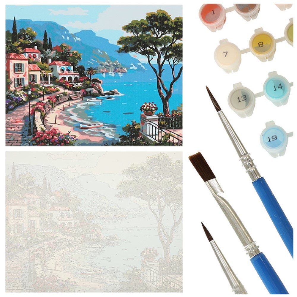 Ikonka Malen nach Zahlen Malen nach Zahlen Set 40x50cm - Italienische Küste/Bucht auf Leinwand (Malen nach Zahlen Leinwand Set, 1x Malen nach Zahlen auf Leinwand), Hochwertiges Italienische Küste/Bucht-Malen-nach-Zahlen: Einfach