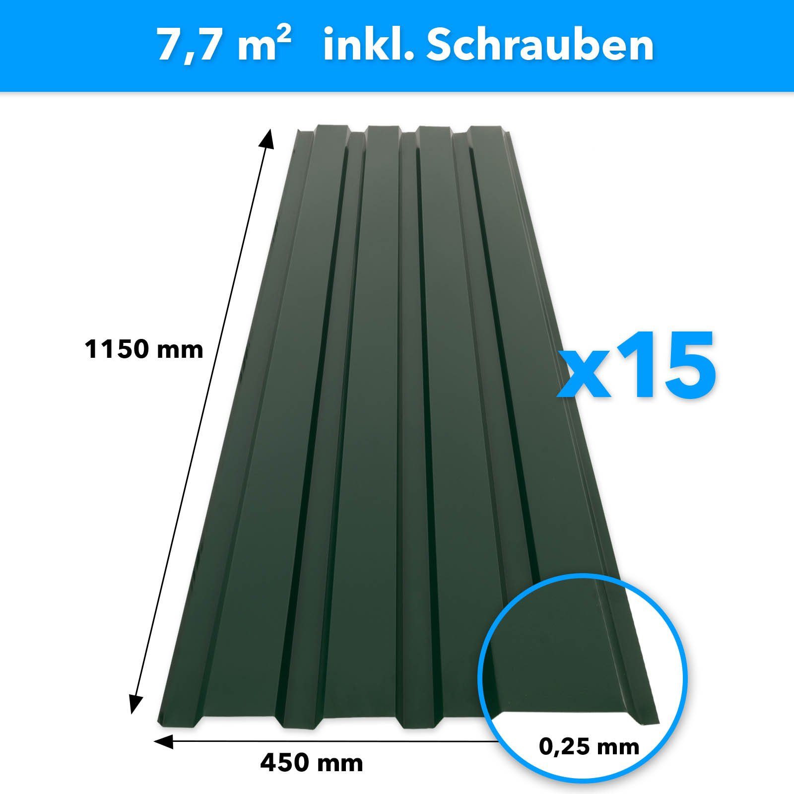 Karat Trapezblech Dachblech 7,7m² inkl Schrauben, Wandblech verzinkt, Profilblech, Blech verzinkt, 1150x450x0,25 mm (Spar-Set 15-St. 115x45 cm) wetterfest für Carport & Gartenhaus, verschiedene Farben