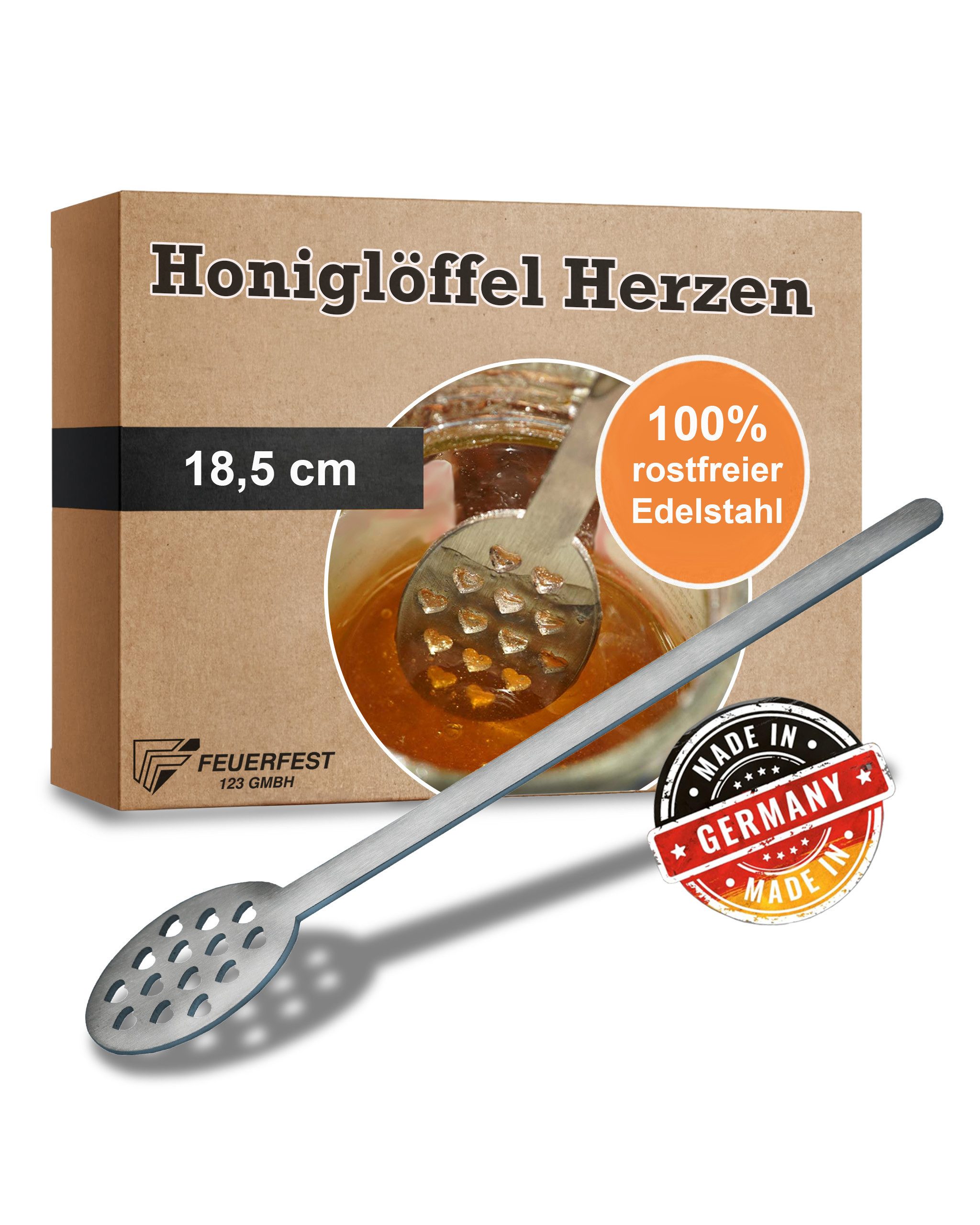 Feuerfest 123 GmbH Servierlöffel Honiglöffel „Herzen“ Edelstahl, Für Honig, Cremehonig oder Sirup - Honey Spoon Honigstab Honigheber