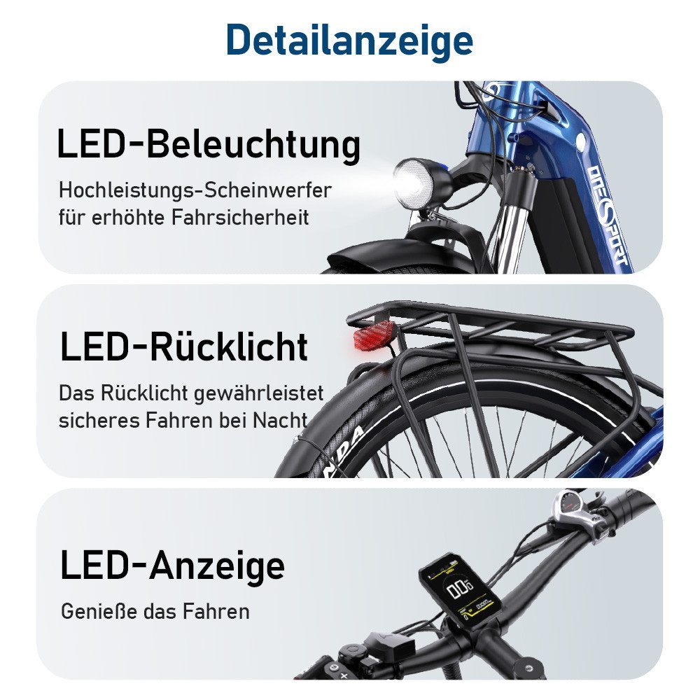 Onesport E-Bike Cityrad OT05 e bike für herren 28 zoll 18.2AH 36V 655WH damen 120km, 7 Gang SHIMANO, Heckmotor, 655,2 Wh, e bike für damen herren 28 zoll Cityrad 7 Gang Shimano hydraulischen