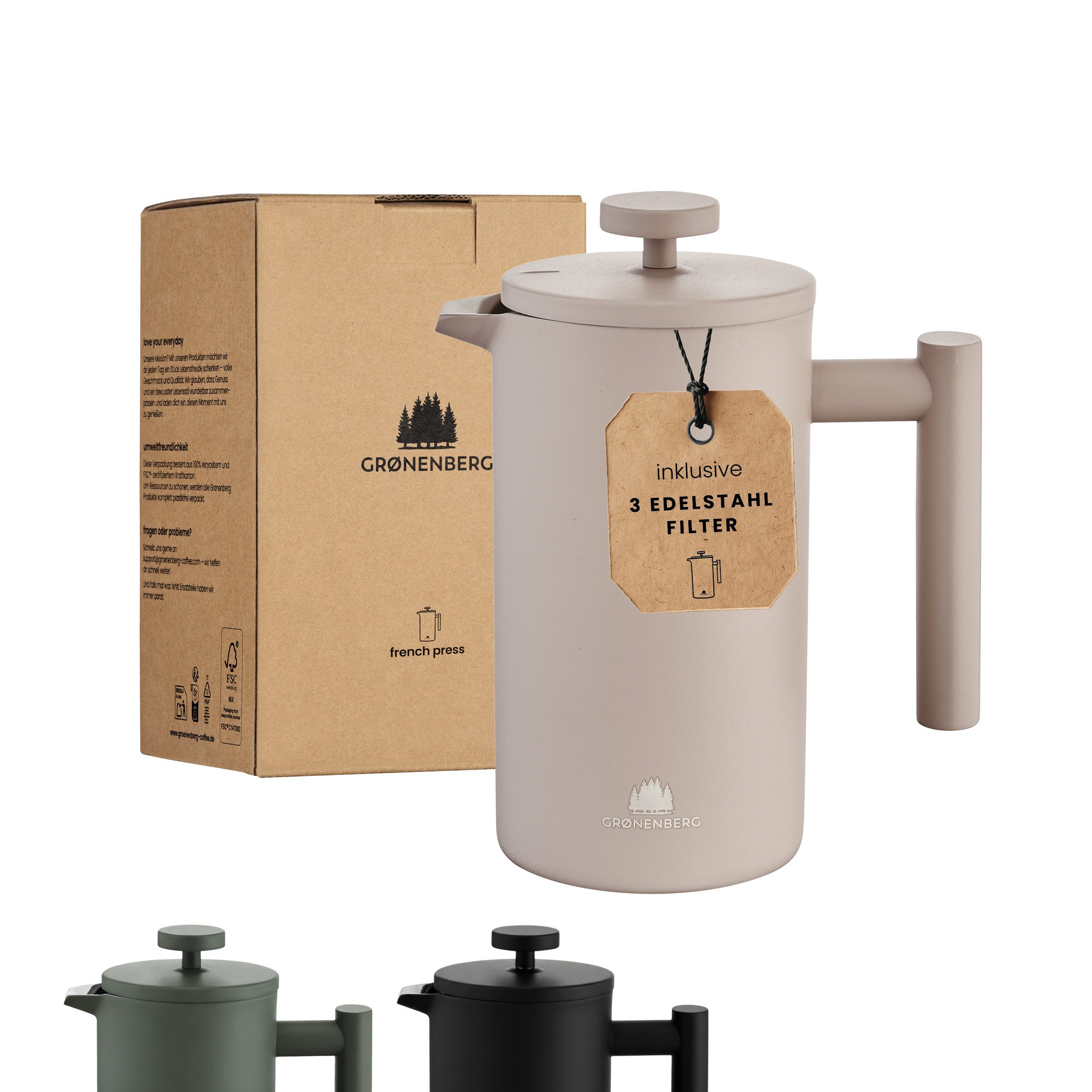 GRØNENBERG French Press Kanne 0,6 oder 1 Liter l Edelstahl Kaffeebereiter mit Thermo Effekt, 0.6l Kaffeekanne, Kaffeepresse inkl. 3 Ersatz-Filter