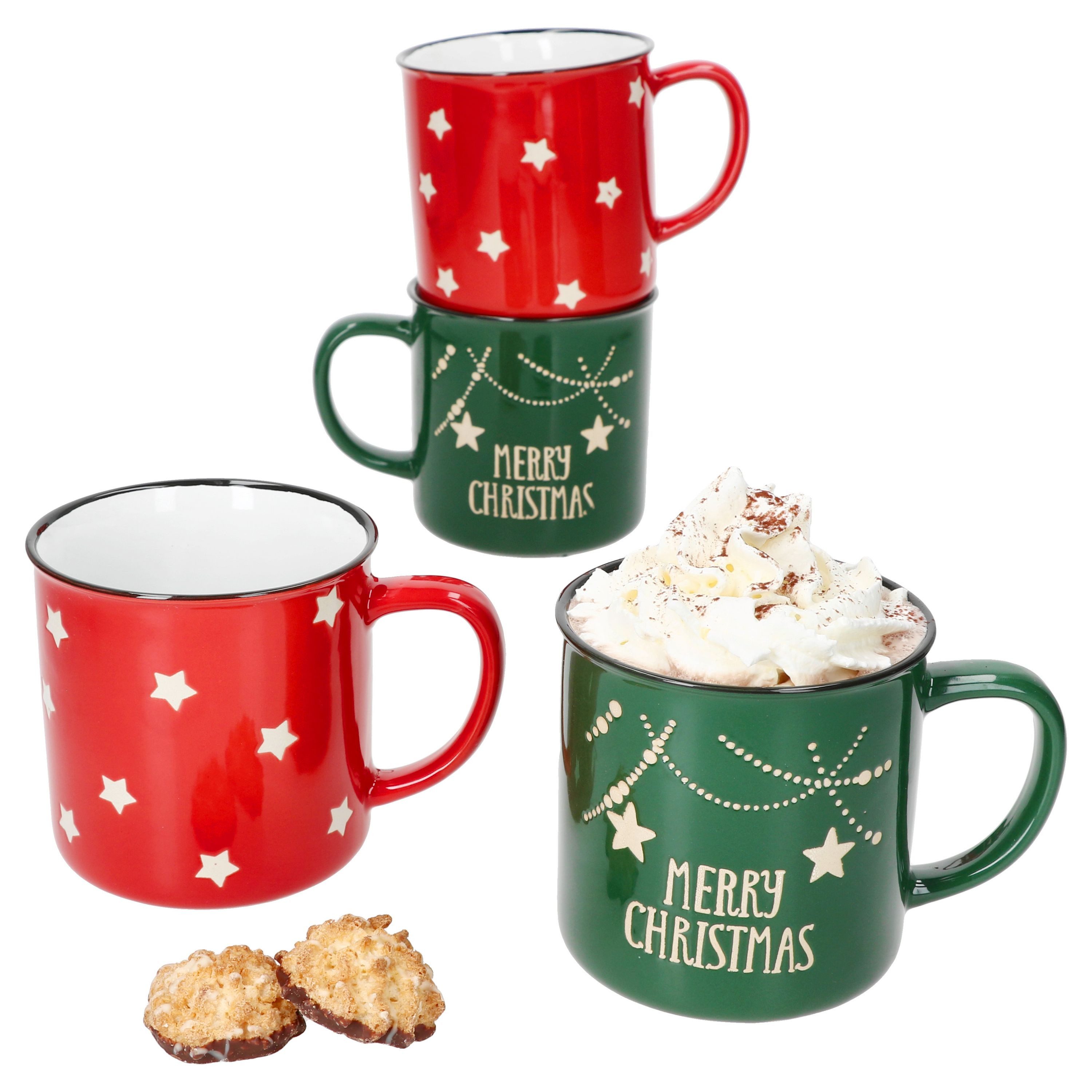 MamboCat Becher 4x Emma rot & grün Jumbobecher 400ml Steingut-Tassen 4 Pers. Kaffee, Steingut