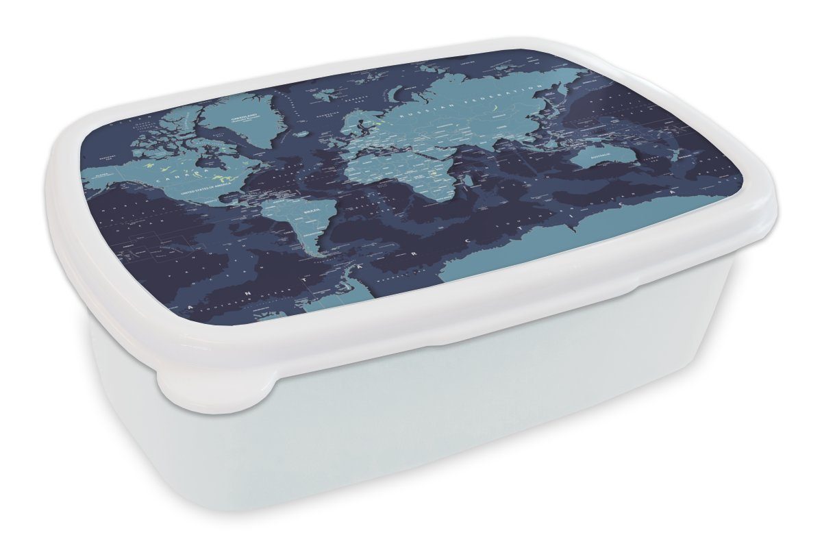 MuchoWow Lunchbox Weltkarte - Abstrakt - Blau, Kunststoff, (2-tlg), Brotbox für Kinder und Erwachsene, Brotdose, für Jungs und Mädchen weiß
