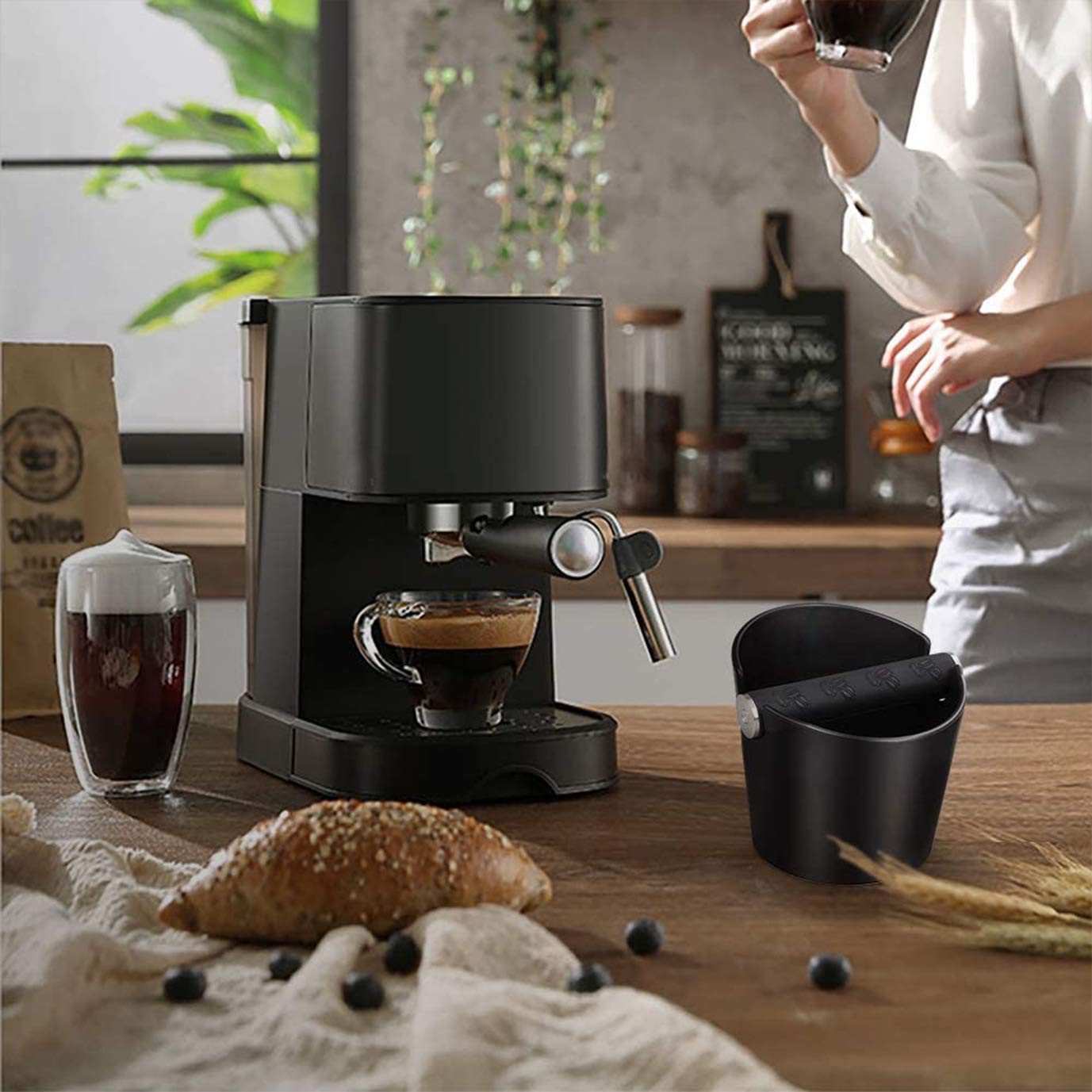SURFOU Tischrestebehälter Abklopfbehälter für Siebträger Zubehör KnockBox Barista Kaffee Zubehör, mit herausnehmbarer Metallstange und tampermatte, leicht zu reinigen