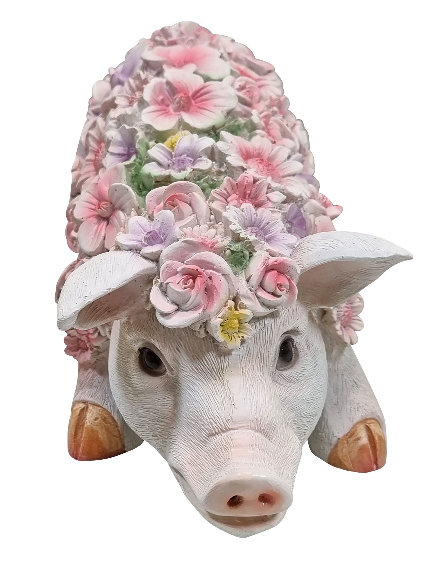 handbemalt, stehend Gartenfigur Schweinchen St), lustige (1 mit Blumen, Tierfigur Plus Fachhandel