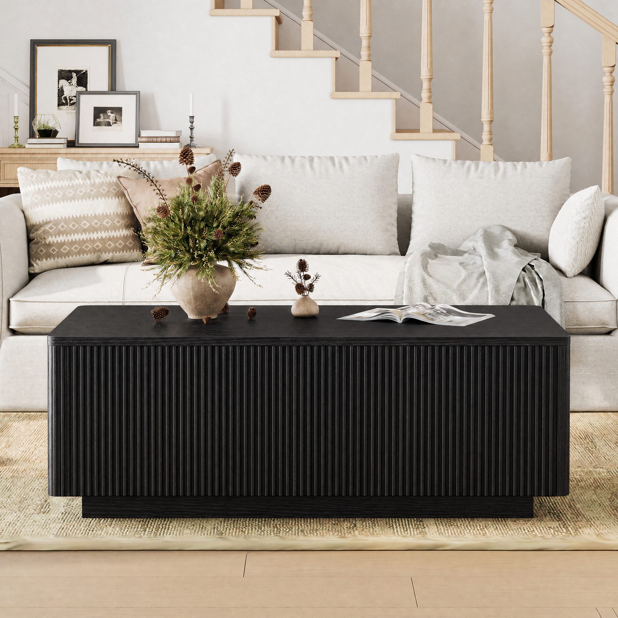 FABATO Couchtisch Lift-Couchtisch 106 cm mit großem verstecktem Stauraum (1-St., aufklappbar, Holz-Optik, Mid-Century-Modern-Stil, für Ihr Sofa), rechteckiges Fluted-Design mit abgerundeten Ecken