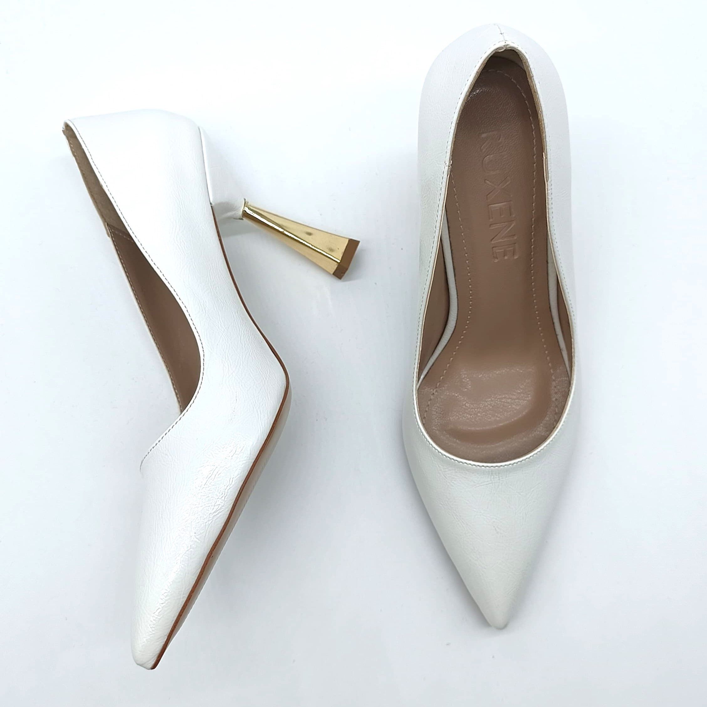 Ruxene Pumps/Hochzeit,Date,Brautschuhe,Einladung,Party/Weiß Pumps (Glänzen Sie Ihre Hochzeiten und besonderen Tage, Schick, Mutig, Romantisch und Weiblich aussehen) Eleganz mit seinen goldenen Details und den dünnen Absätzen.