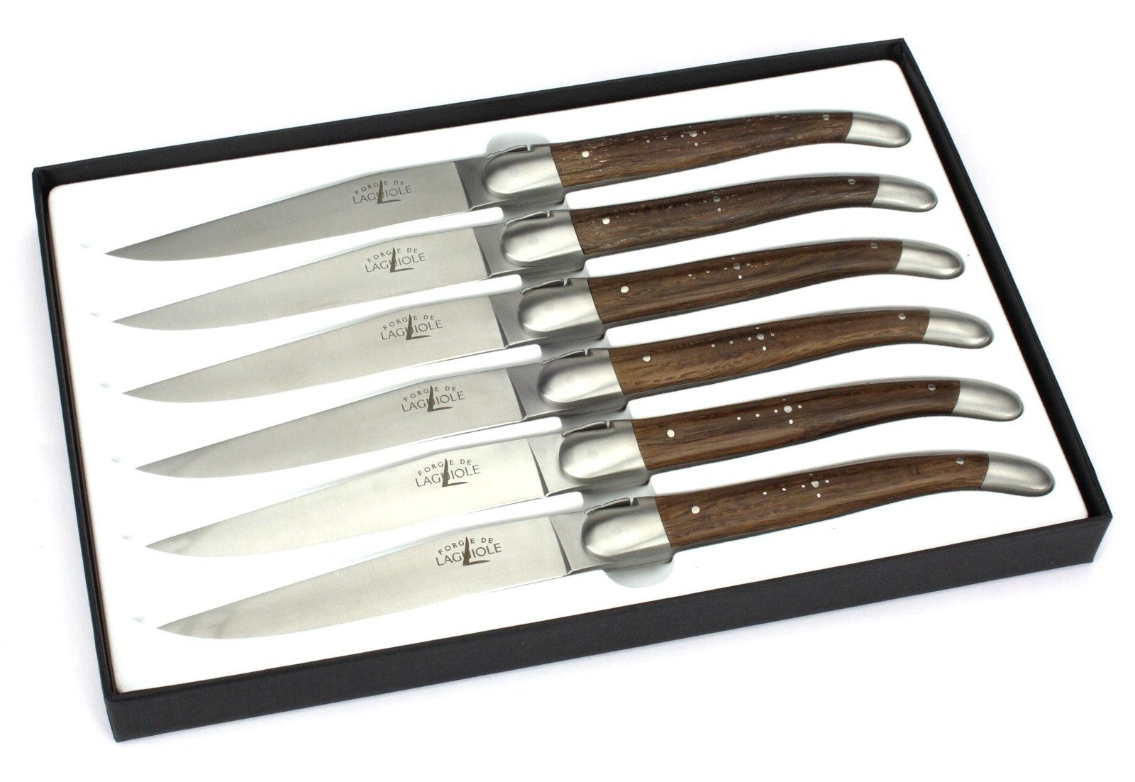 Forge de Laguiole Steakmesser T6 2M IN CHFC SAT 6er Set - Griff fossile Mooreiche - Stahl satiniert - Aufbewahrungsbox