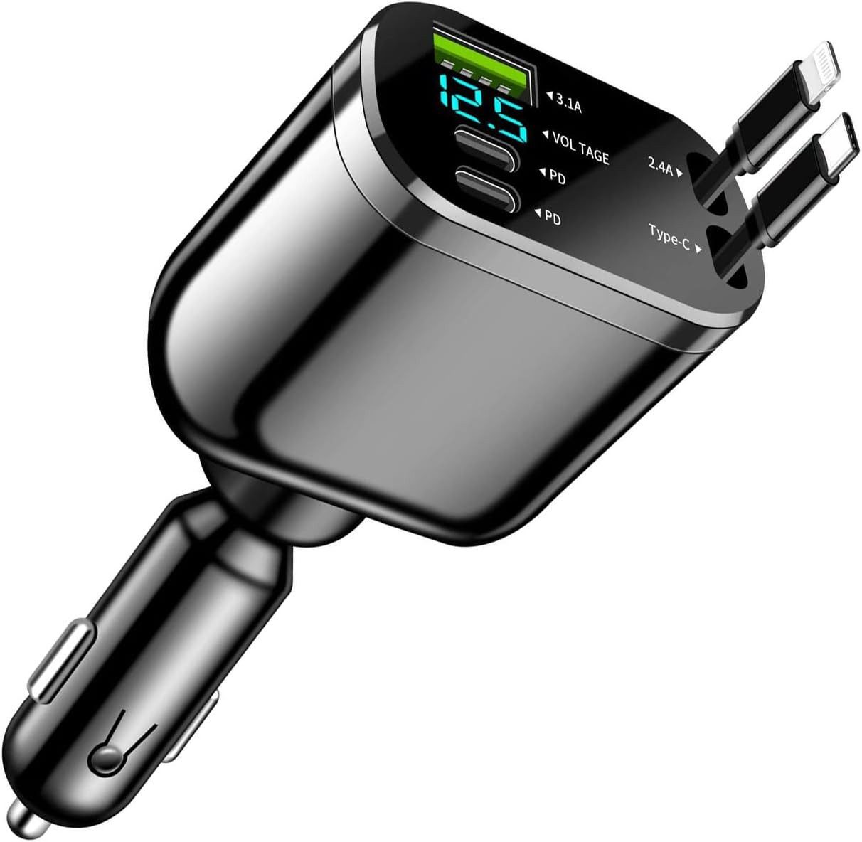Auto-Ladegerät Mit 4 Anschlüssen (USB-C + USB-A) – Schnellladung Für Alle Smartphones Auto-Ladegerät Mit 4 Anschlüssen (USB-C + USB-A) – Schnellladung Für Alle Smartphones