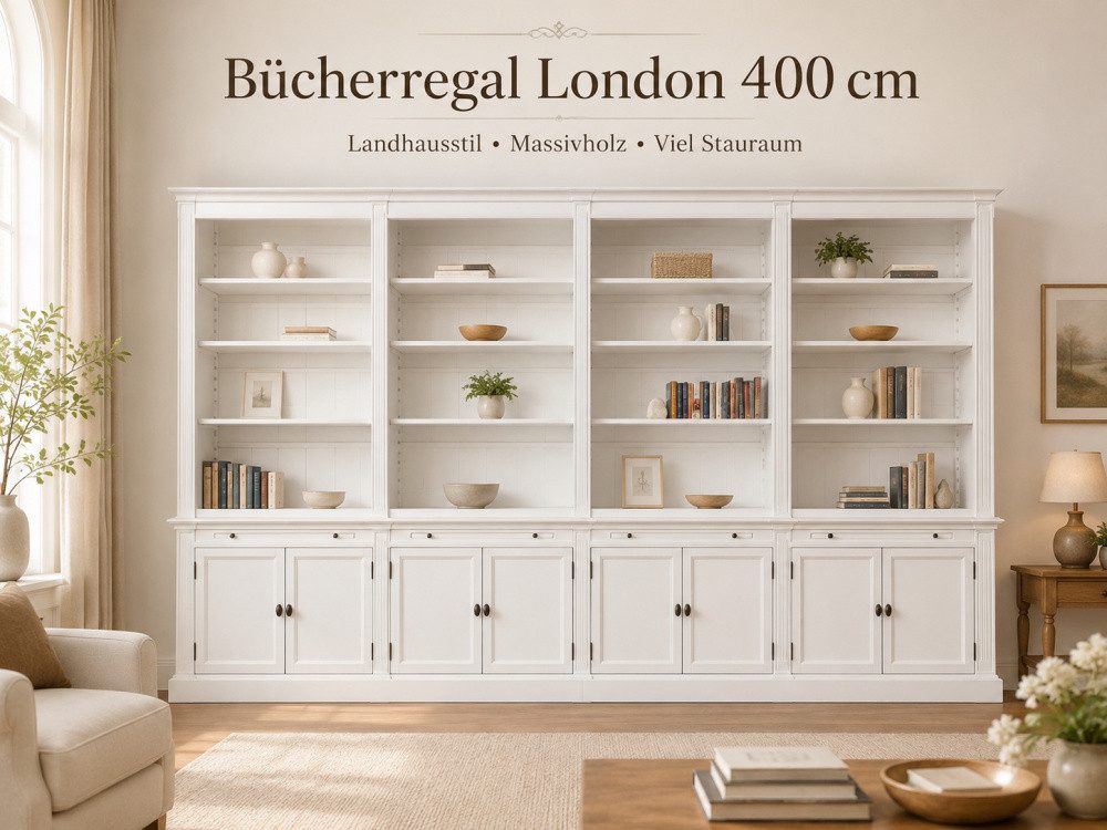 Wohnpalast Bücherregal Bücherschrank London 400 cm - mehrteilig Bücherregal im Landhausstil