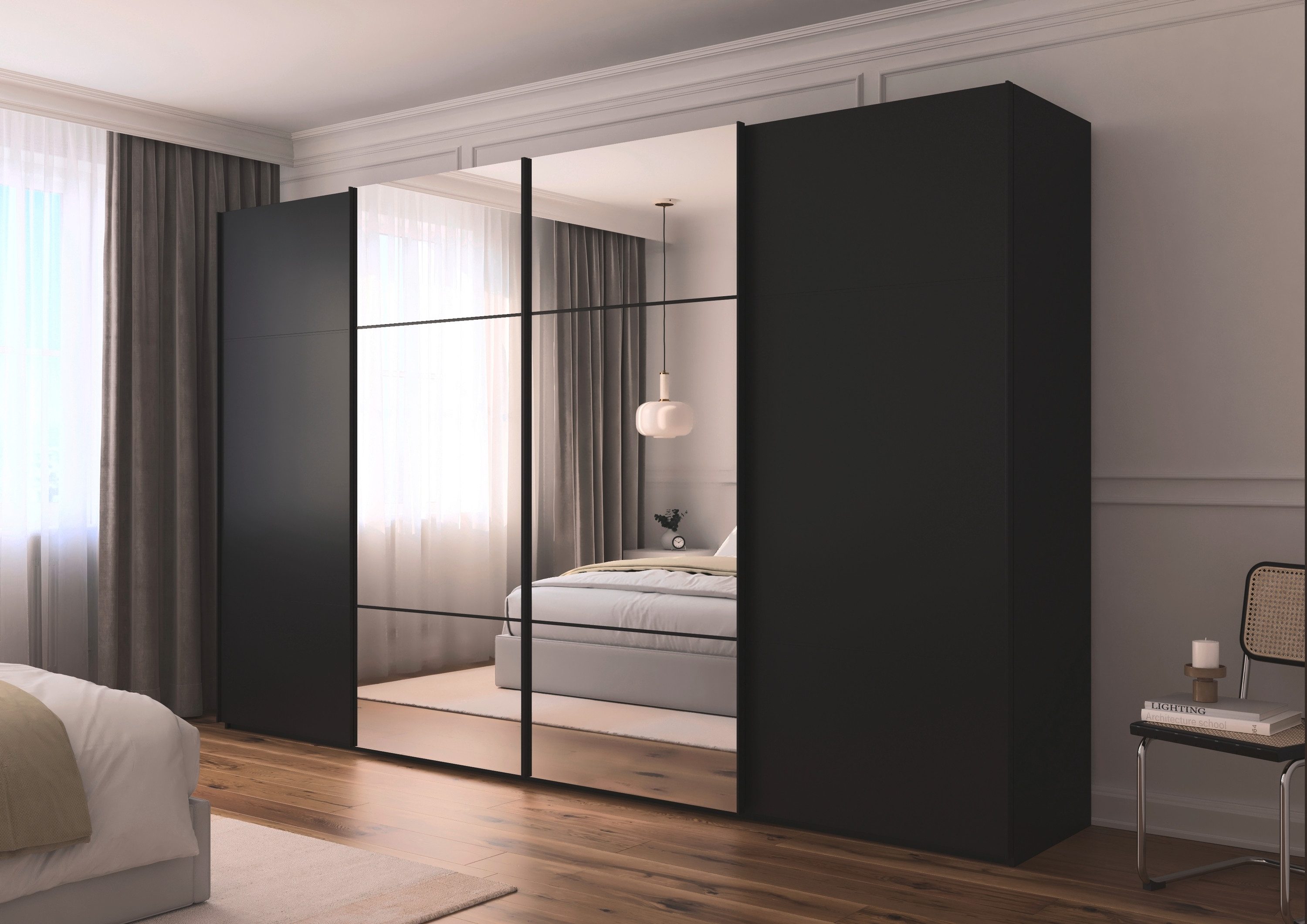 rauch Schwebetürenschrank Kleiderschrank Schrank Garderobe Schlafzimmerschrank SCALE-TRIO edle dreigeteilte Front mit 2 Zierleisten und Spiegel MADE IN GERMANY