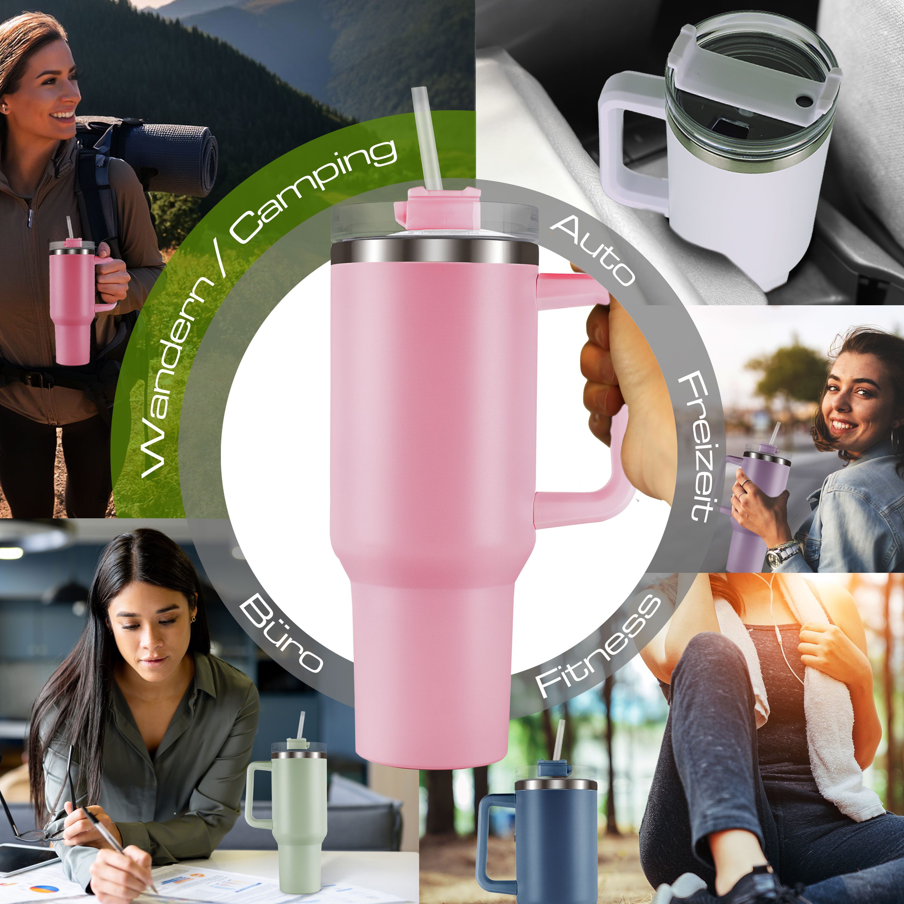 Roomando Thermobecher Becher mit Henkel Strohhalm Edelstahl Autobecher Kaffeebecher rosa