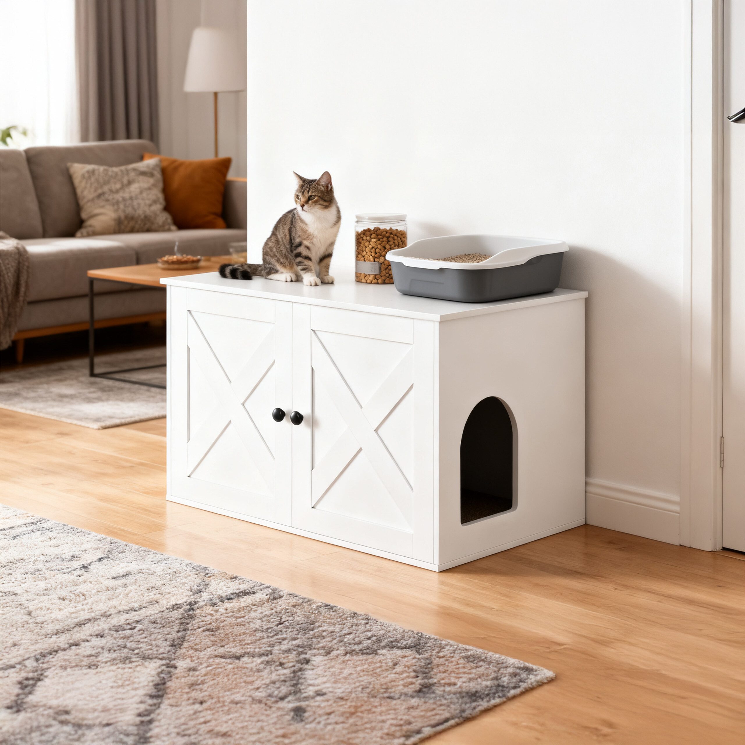 relaxdays Indoorhütte Katzenschrank für Katzenklo, weiß