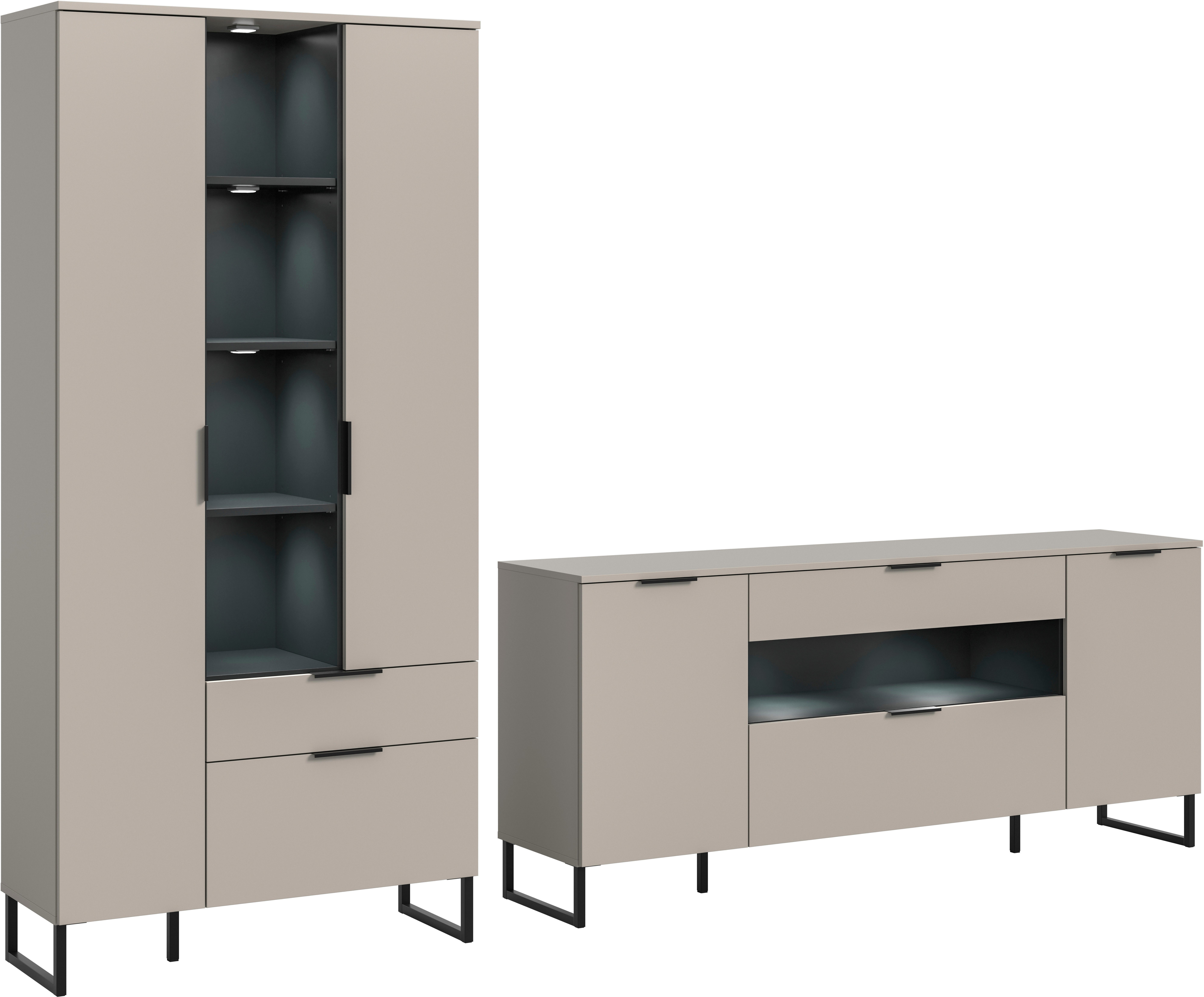 INOSIGN Wohnwand ADIO, Breite 290 cm, 2-teiliges Set, mit Metall-Kufenfüße, (Set, 4-St., bestehend aus: Mehrzweckschrank und Sideboard), Sideboard inkl Beleuchtung, Kombination, Anbauwand, Set, Wohnzimmerset