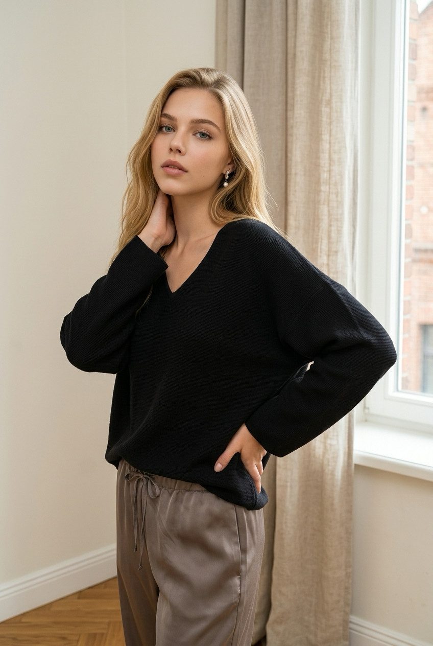 Zuckerwatte V-Ausschnitt-Pullover 25479 feingestrickt aus wertiger Viskose Stretch Mischung