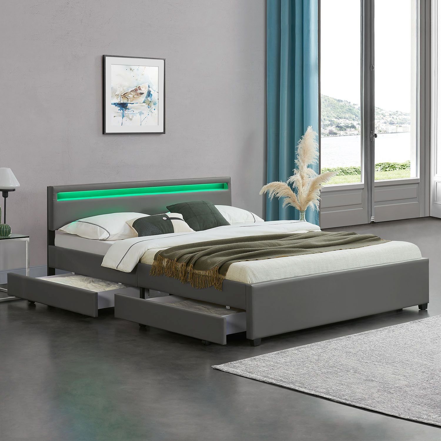 Juskys Polsterbett Lyon, 180x200 cm, ausziehbare Bettkästen, LED-Licht, gepolstertes Kopfteil